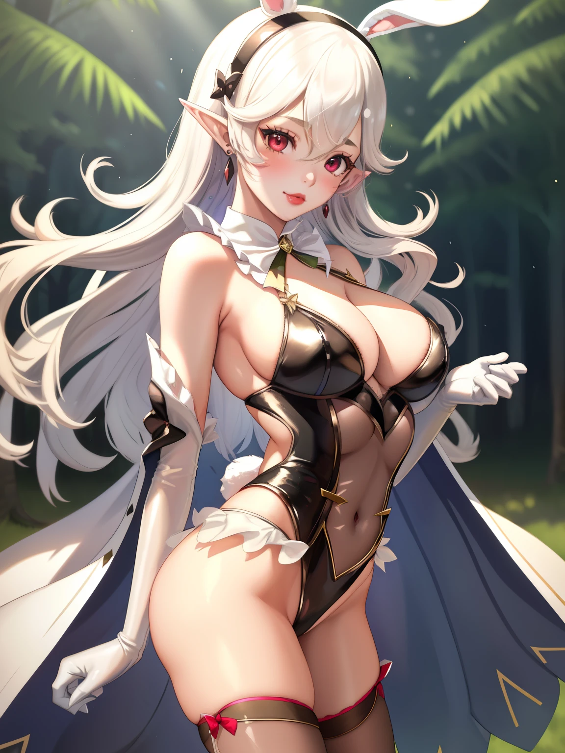 1girl, defCorrin, black hairband, pointy ears, red eyes ,lipstick, blue eye shadow, solo, perfect breasts, earrings glossy lips ,looking at viewer, blush, large breasts, nature, pond, trees, park, long white elbow satin gloves, holding, animal ears, cleavage, bare shoulders, jewelry, very l, gentle smile, pantyhose, earrings, fake rabbit ears, black leotard, fake animal ears bunny, long white elbow gloves, white gloves, cowboy shot, sexy poses 