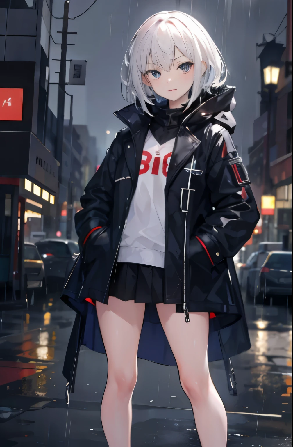 1 girl,City of night,rain,coat,put one's hand in one's pocket mini skirt troubled expression Standing alone