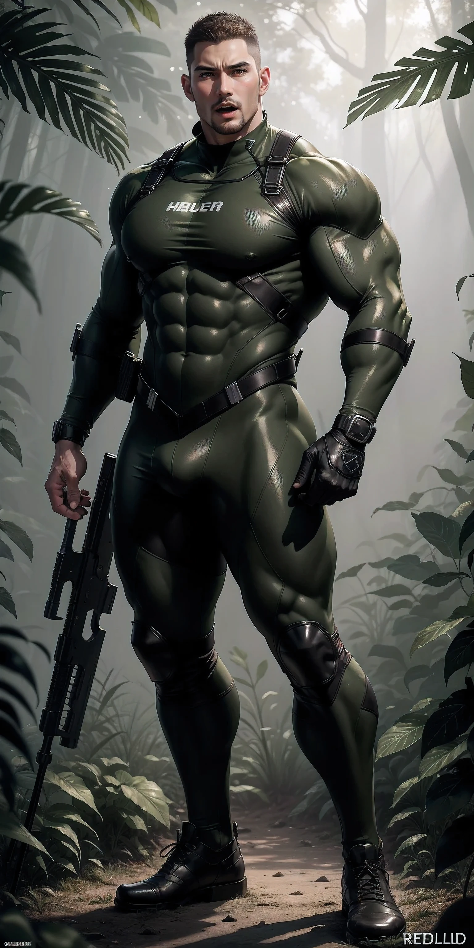 High, huge, muscular man with his mouth open and screaming.，Khaki camouflage uniform，character idea（Resident Evil - chris redfield，chris redfield）buzz clip，Wearing a khaki camouflage wetsuit，Matte texture，regular symmetrical texture pattern，Standing in the dark sugar cane jungle, The body is wrapped in thick rattan，sad expression，Deep and charming eyes，Emerald Pupil Hero，heroic male pose，高大burly，muscular！Charming leg muscles，High, burly, Heqiang， Wearing a khaki camouflage wetsuit， Super gain and cool， high resolution committee， Big feet in black boots，Charming strong man，The bright sunshine is shining on you，matte particles，shiny texture