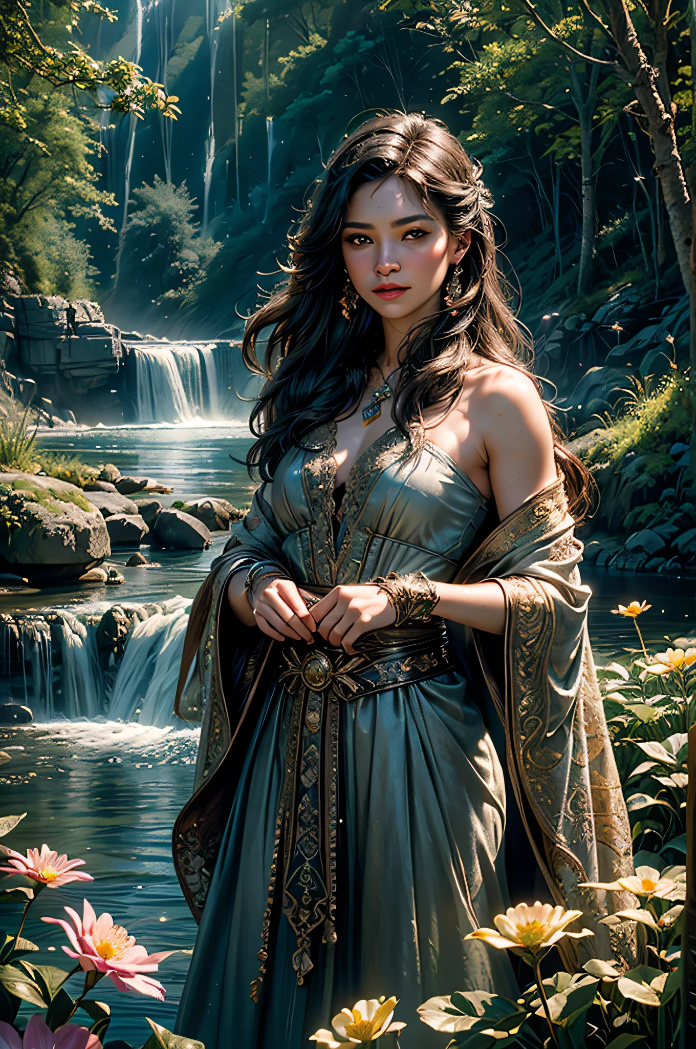 Masterpiece, incredible details, epic realistic, ultra clarity , (intricate details:1.12), (HDR:1.4), octane render, 3d render, cgi,dramatic,  bokeh, 
(dark shot:1.22), soft cinematic light, 
Fast-flowing waterfalls, mountains, rivers, fireflies, flowers, glowing butterflies, crystals,
1girl, long hair, floating hair, belt, glove, hand guard,, intricate robe,(natural skin texture, hyperrealism, soft light, sharp:1.2)
 