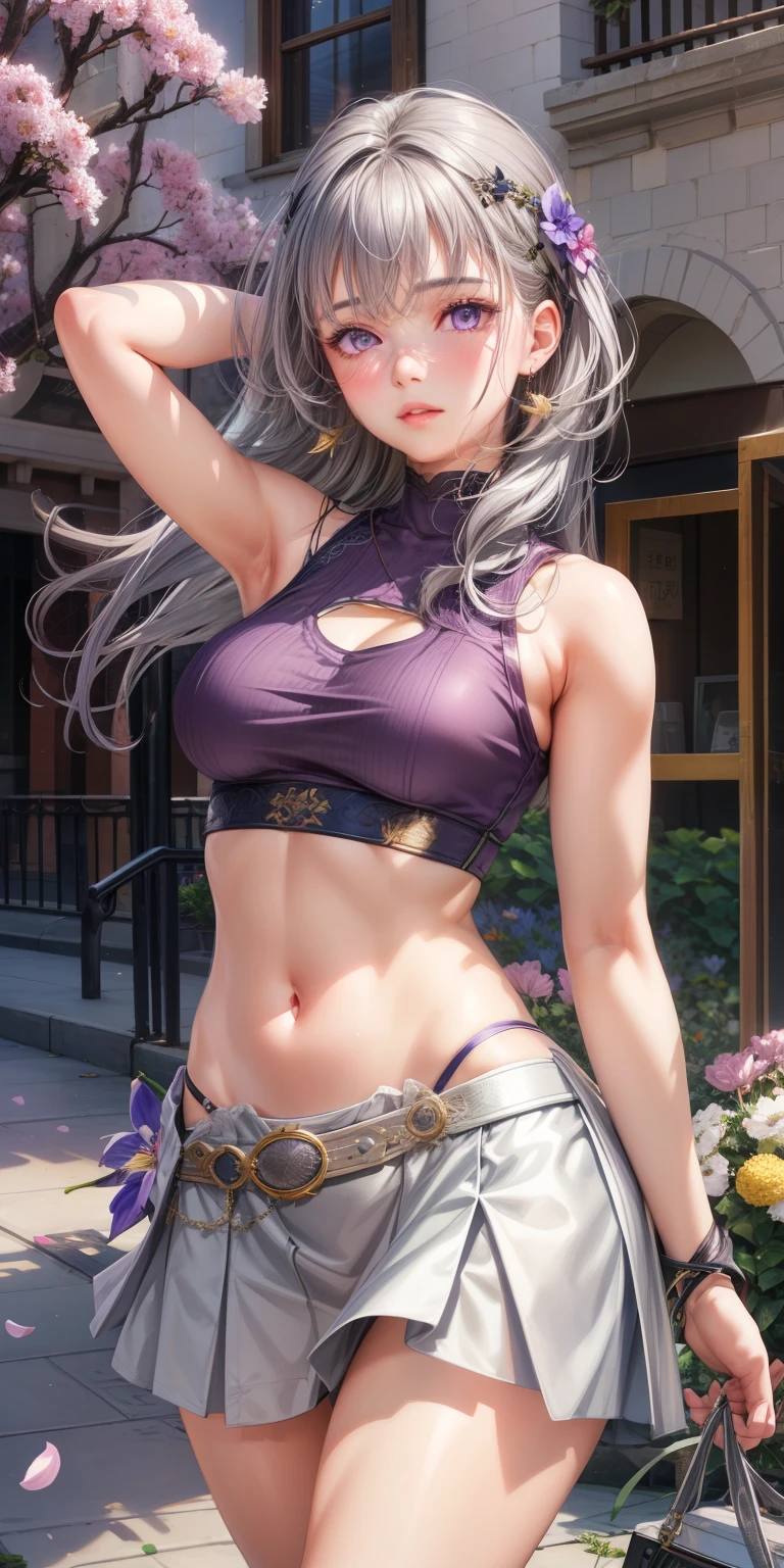 Realistic, One girl, Gray Hair, Purple eyes, Glowing Eyes, Crop top, skirt, Lips parted, blush, night, Flowers, sun, sunlight, Nipples, Pussy line、Leg spread