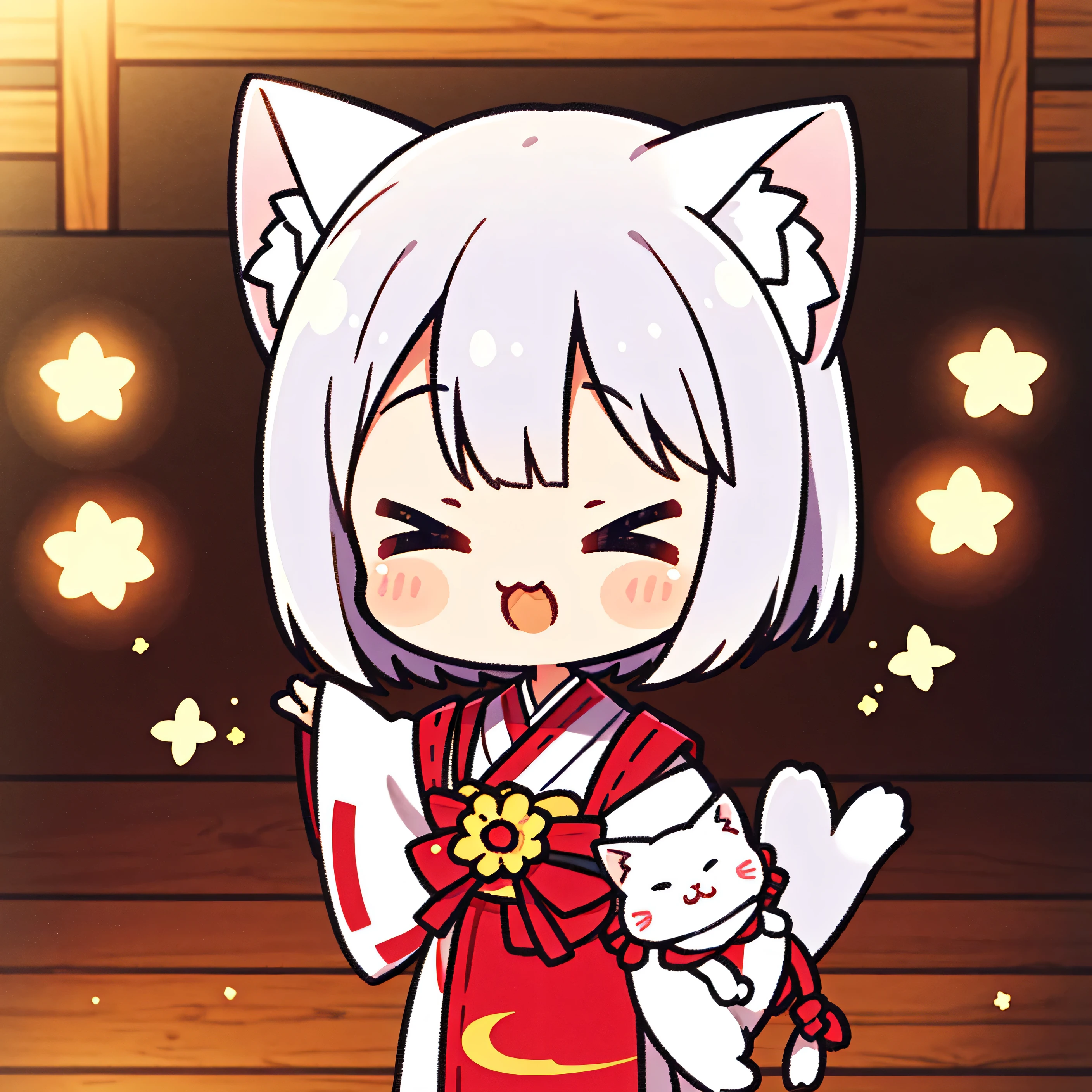 White bob, Cat's ears, girl, Oriental traditional clothing, SD Character, cute expression, Bright smile, Close your eyes and smile