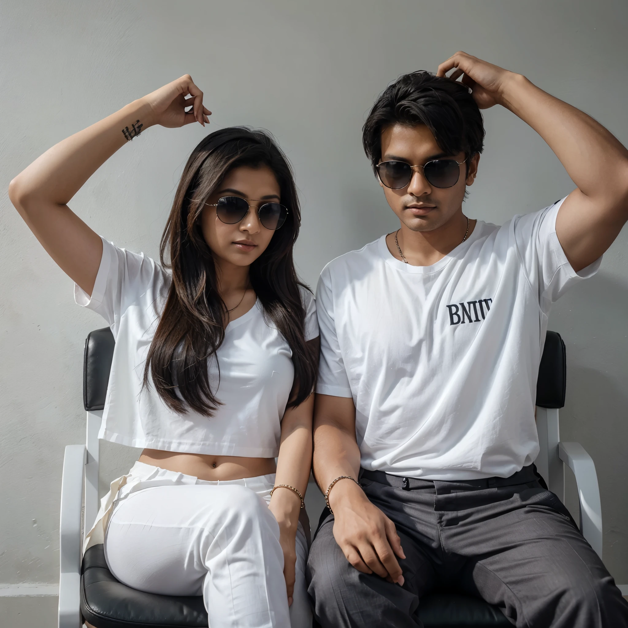 Create a 3D realistic image for a profile picture of a 21-year-old couple sitting comfortably in wings chair. The boy is wearing a White shirt and black pant and sunglasses. And the girl is wearing a White saree and sunglasses. they are looking ahead. "Mithun" and Kajal are written in large bold font just above of them on the grey wall in the background.