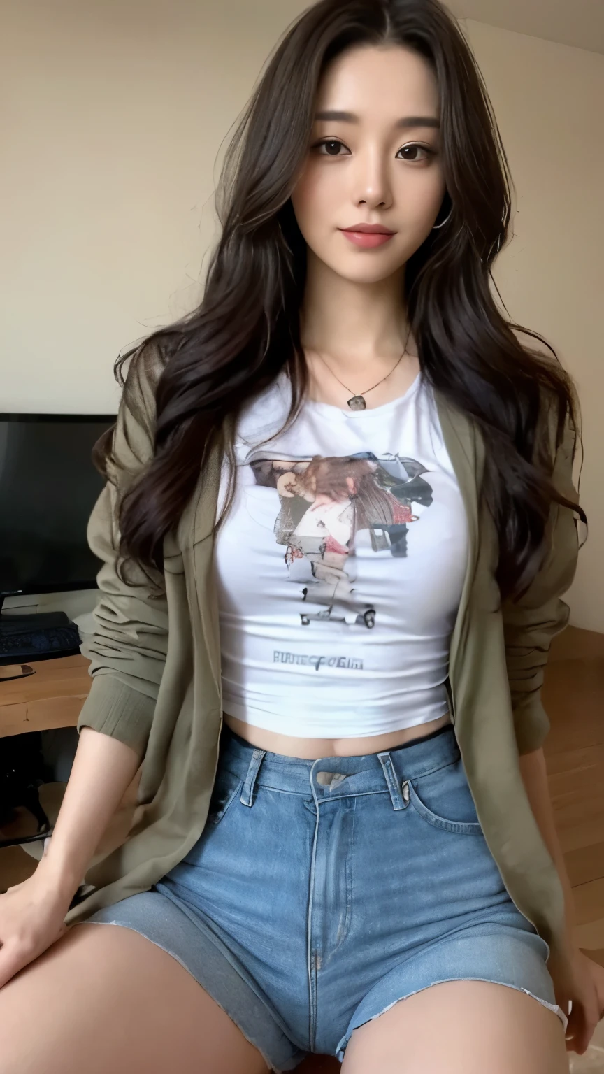 ((top-quality、8k、masterpiece:1.3))、Beautiful woman with perfect body:1.4、slim abdomen:1.2、Longhair, normal breast, Highly detailed facial and skin texture, A detailed eye, (smile), (full body shot), ((computer room)), (sitting on chair), (((wearing t-shirt with jacket and short pants))), looking in front