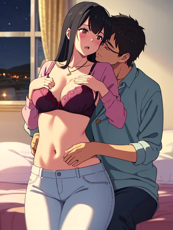 1middle age man, wrinkle face, black hair,bangs swept to the right side, Middle aged man behind girl, touching chest, breatsgrope from behind, grab, grabbing chest,chestgrab behind back, removing bra, hold bra, hug back, hugging, neck kiss, 1girl, black hair, twisted half up, red ribbon, long hair, brown eyes, blue star necklace, light cardigan pink, open shirt, yellow shirt open shifrt, navel, white bra, white pants, cute, open mouth, full body, long sleeves, cowboy shot, masterpiece, on a dating, blushing, bedroom, night, sit on bed