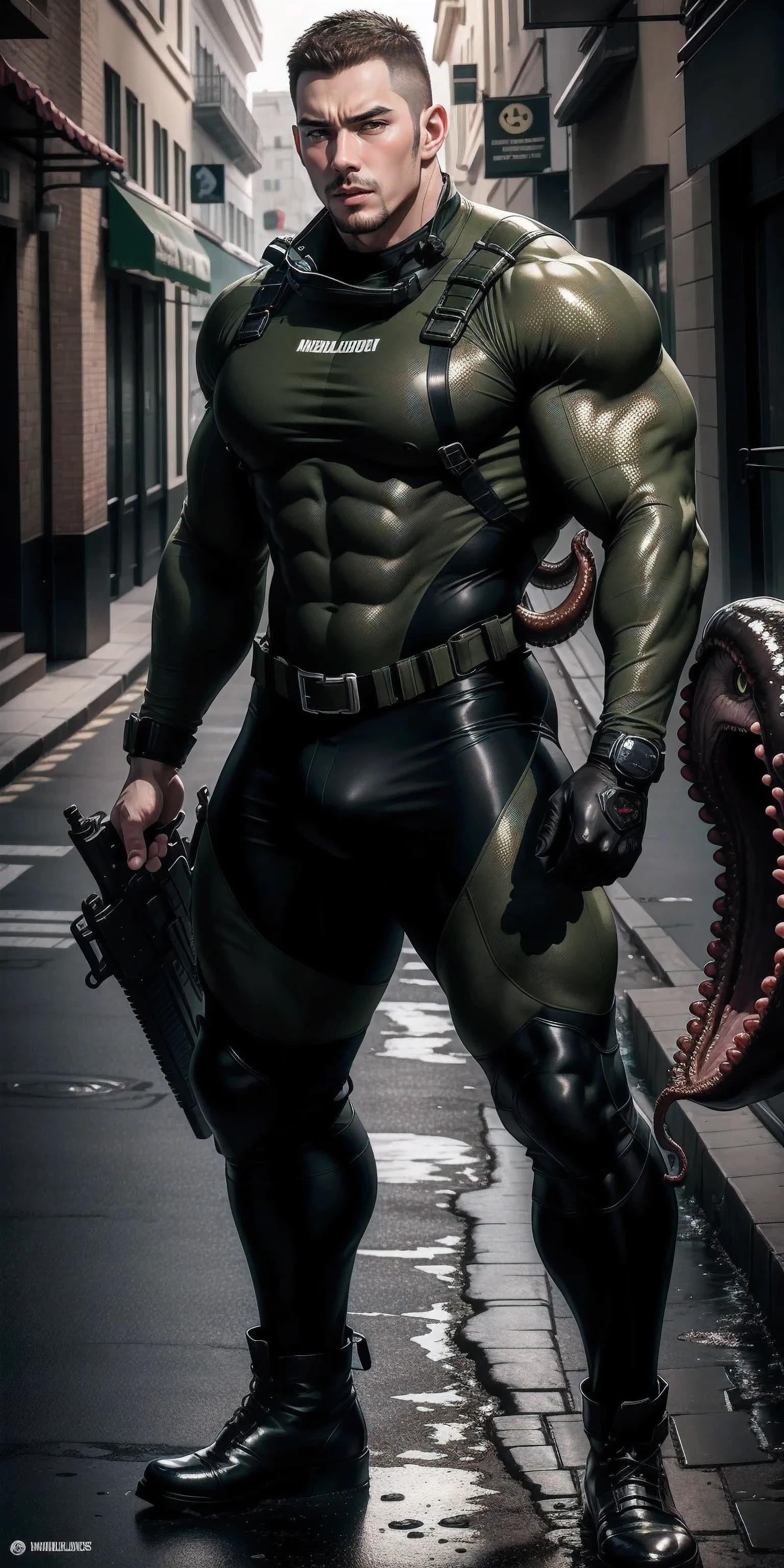 High, huge, muscular man with his mouth open and screaming,Khaki camouflage uniform,character idea(Resident Evil - chris redfield,chris redfield)Wearing a khaki camouflage wetsuit,Matte texture,regular symmetrical texture pattern,Standing on the street with octopus tentacles, Lots of slime octopus and sludge,sad expression,Deep and charming eyes,Emerald Pupil Hero,heroic male pose,高大burly,muscular!Charming leg muscles,High, burly, Heqiang, Wearing a khaki camouflage wetsuit, Super gain and cool, high resolution committee, Big feet in black boots,Charming strong man,The bright sunshine is shining on you,matte particles,shiny texture