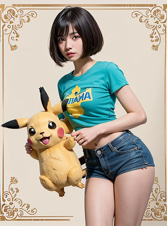 Uma adolescente, no one else in the background, delicate features, olhos grandes, sensual lips, corpo sexy musculosa, golden ratio, franja, cabelos cacheados, cabelo rosa claro, peito alto, camiseta Pikachu seios grandes, barriga, uma  muito bonita, cabelo azul claro, Anime 5 dormir, Computer Graphics, sob arte, peito grande e bonito, peito super grande, Peito apertado, roupas apertadas,Caminhada Quadrada, rastreamento de raio,Brilhante, 