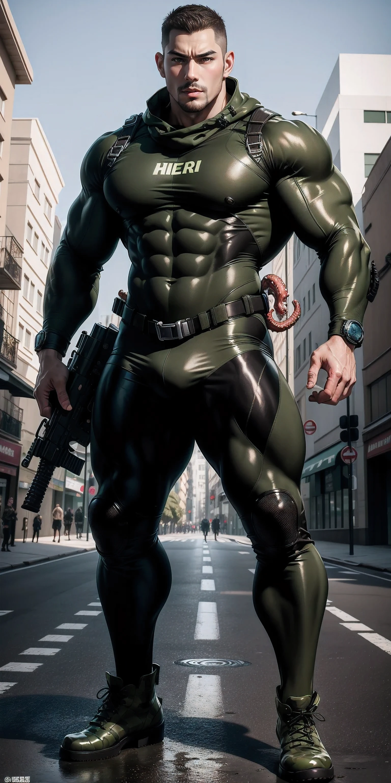 High, huge, muscular man with his mouth open and screaming，Khaki camouflage uniform，character idea（Resident Evil - chris redfield，chris redfield）Wearing a khaki camouflage wetsuit，Matte texture，regular symmetrical texture pattern，Standing on the street with octopus tentacles, Lots of slime octopus and sludge，sad expression，Deep and charming eyes，Emerald Pupil Hero，heroic male pose，高大burly，muscular！Charming leg muscles，High, burly, Heqiang， Wearing a khaki camouflage wetsuit， Super gain and cool， high resolution committee， Big feet in black boots，Charming strong man，The bright sunshine is shining on you，matte particles，shiny texture