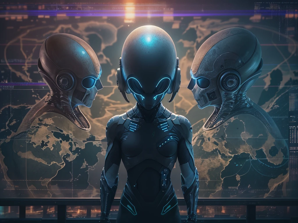 (Silhouettes of multiple aliens with big heads), extraterrestrial, (highest quality, 4K, High resolution, masterpiece:1.2), super detailed, HDR, Professional, sci-fi style, (World map projected on a cyber screen:1.4)、hologram、Inside the spaceship