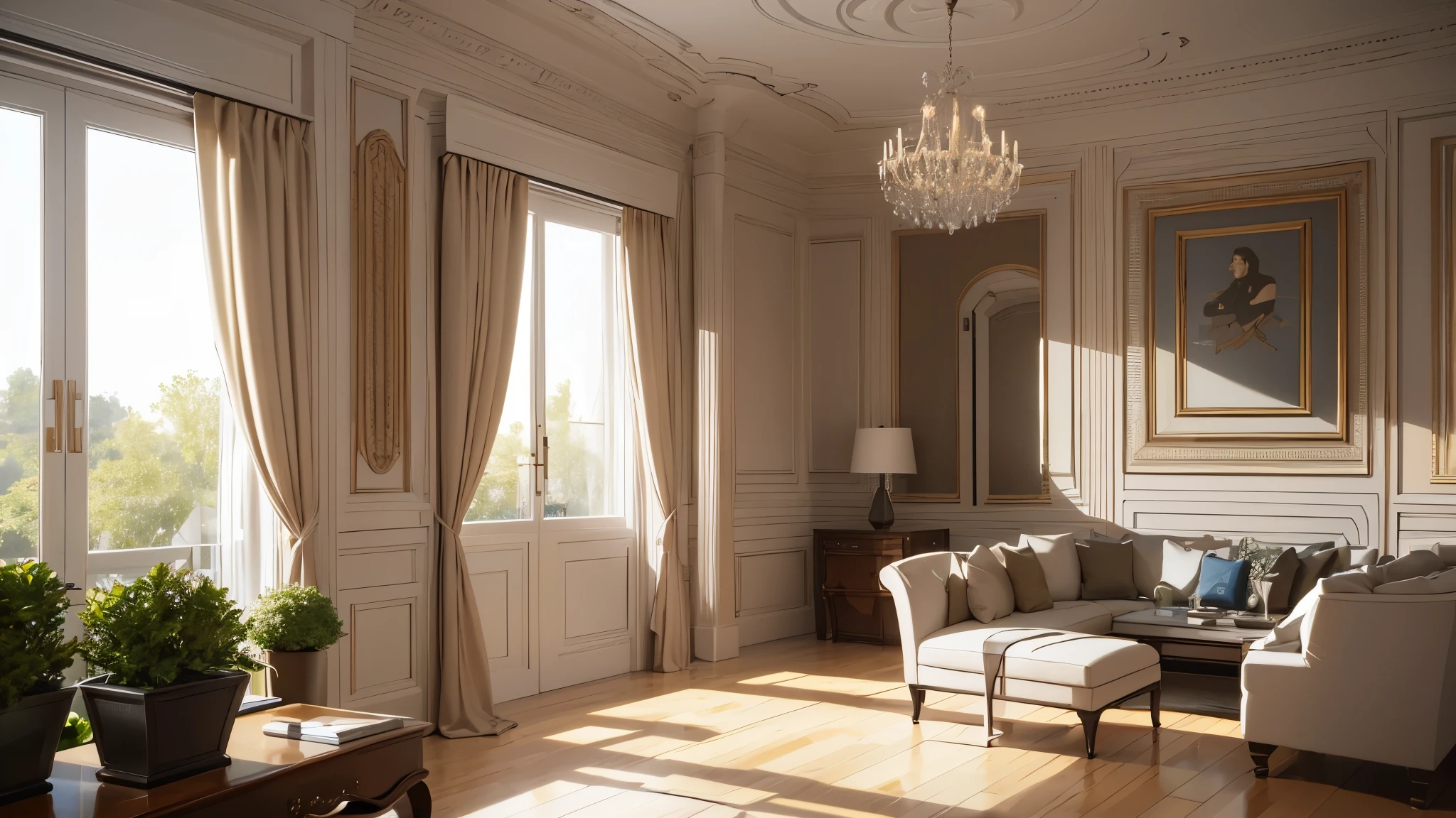 You are a famous interior designer、You have been asked to create a 3D image of a modern large room. Create a harmonious environment with modern and minimalist furniture. Including garden interior.