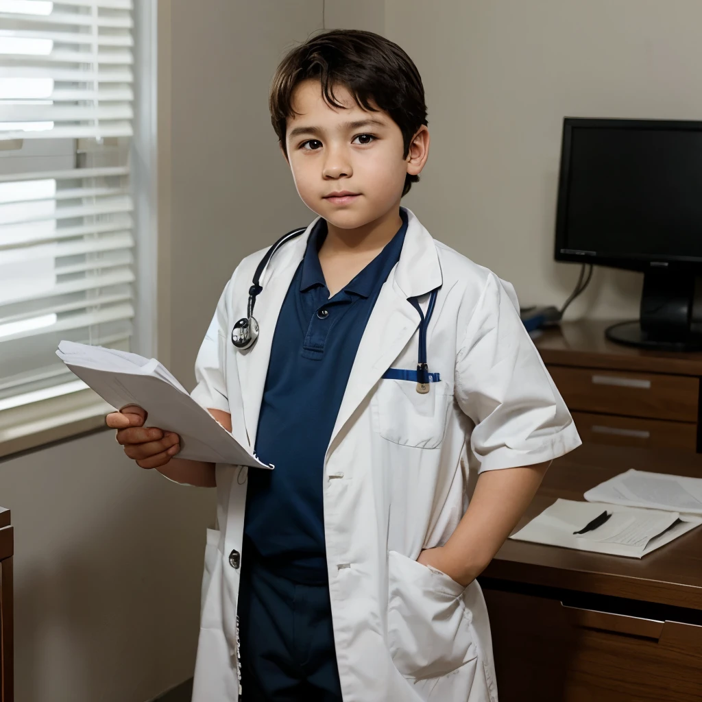 A boy about 8 , a little chubby, wearing a doctor's uniform, standing holding documents to check on patients.