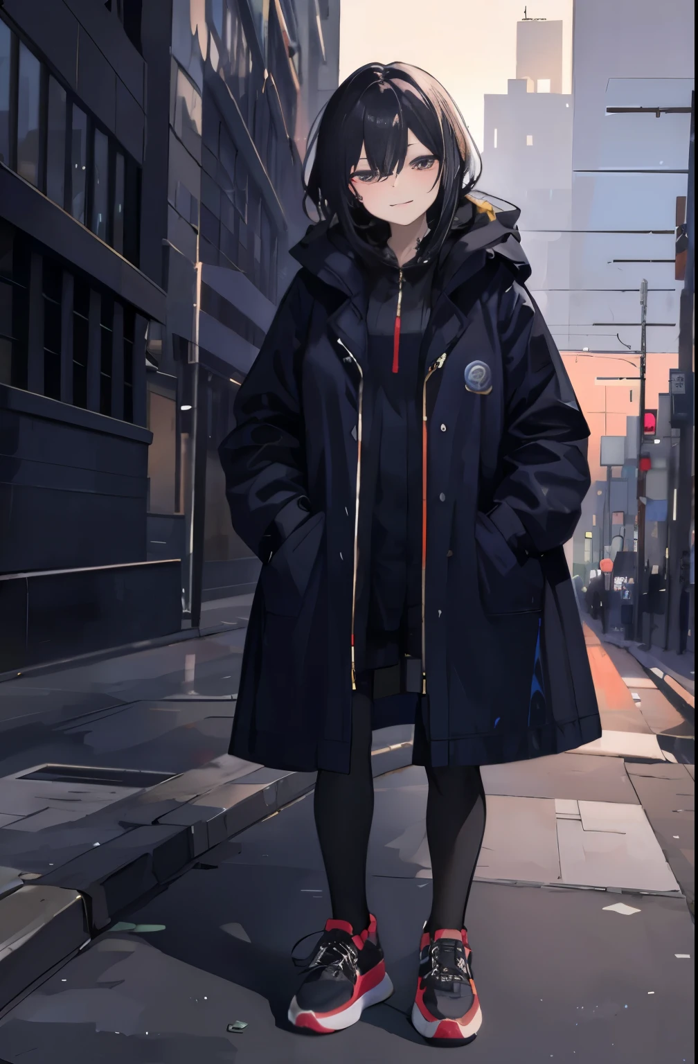 woman, City of night, coat, put one's hand in one's pocket bitter smile troubled face sad face Details are scene description 幻想的なCity of night wearing sneakers