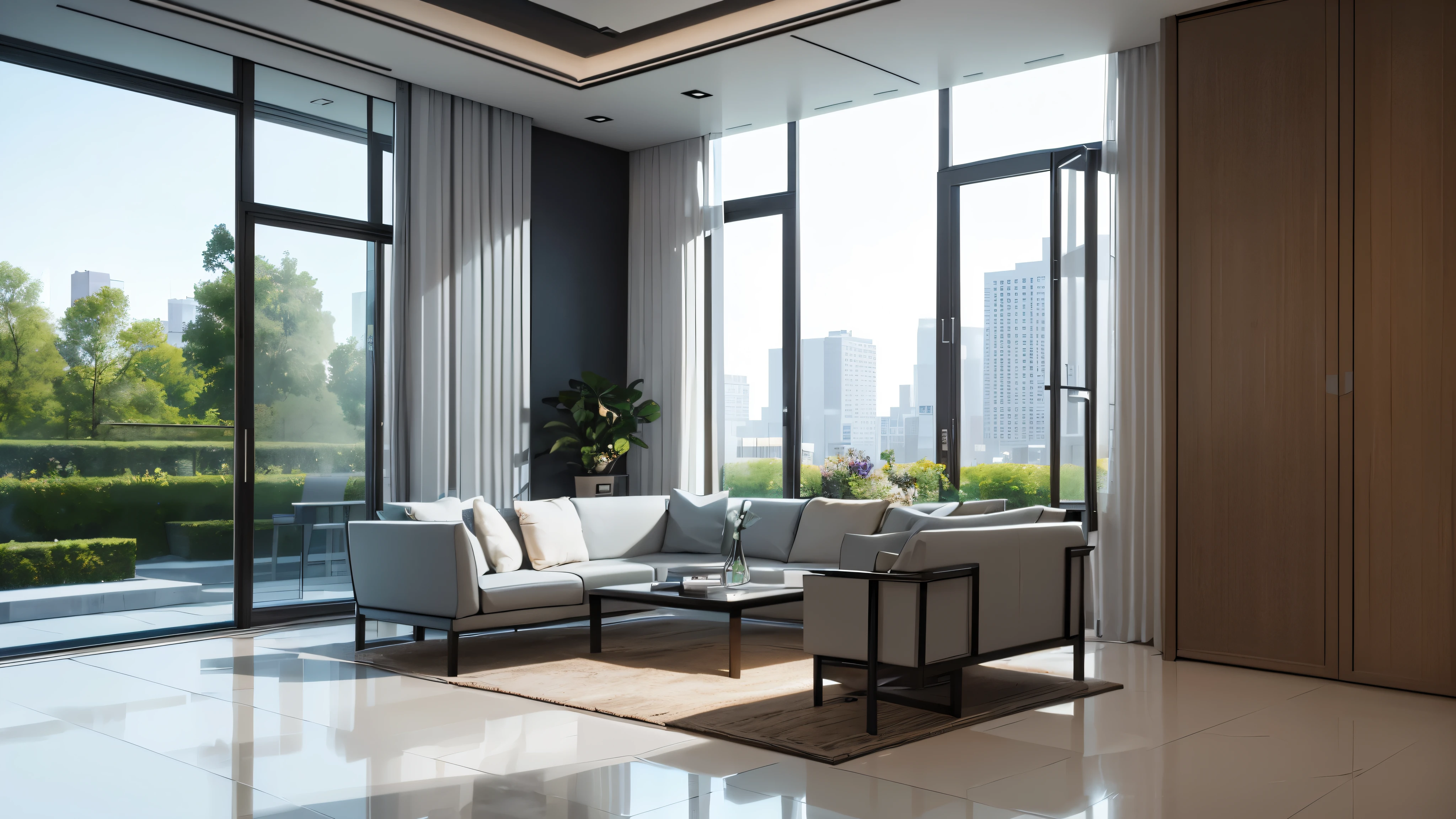 You are a famous interior designer、You have been asked to create a 3D image of a modern large room. Create a harmonious environment with modern and minimalist furniture. Including garden interior.