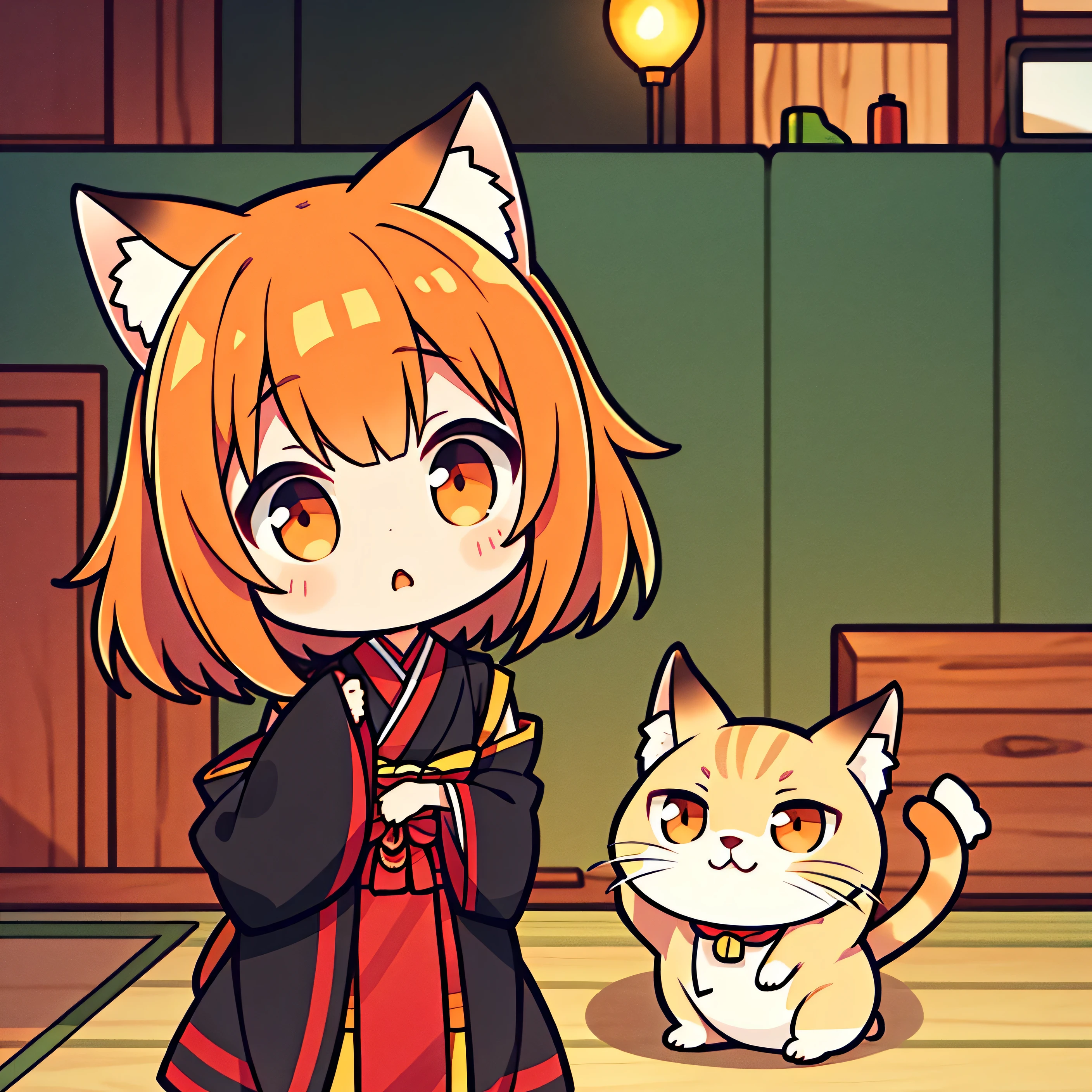 orange short hair, Cat's ears, girl, Oriental traditional clothing, SD Character, sorry expression