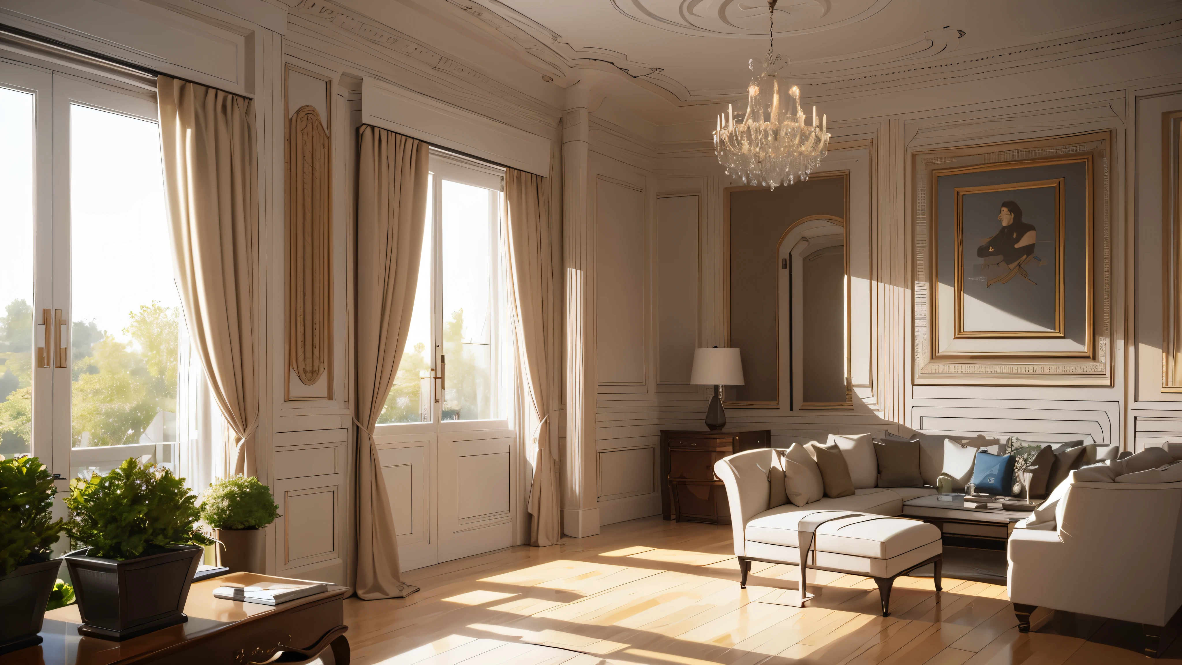 You are a famous interior designer、You have been asked to create a 3D image of a modern large room. Create a harmonious environment with modern and minimalist furniture. Including garden interior.