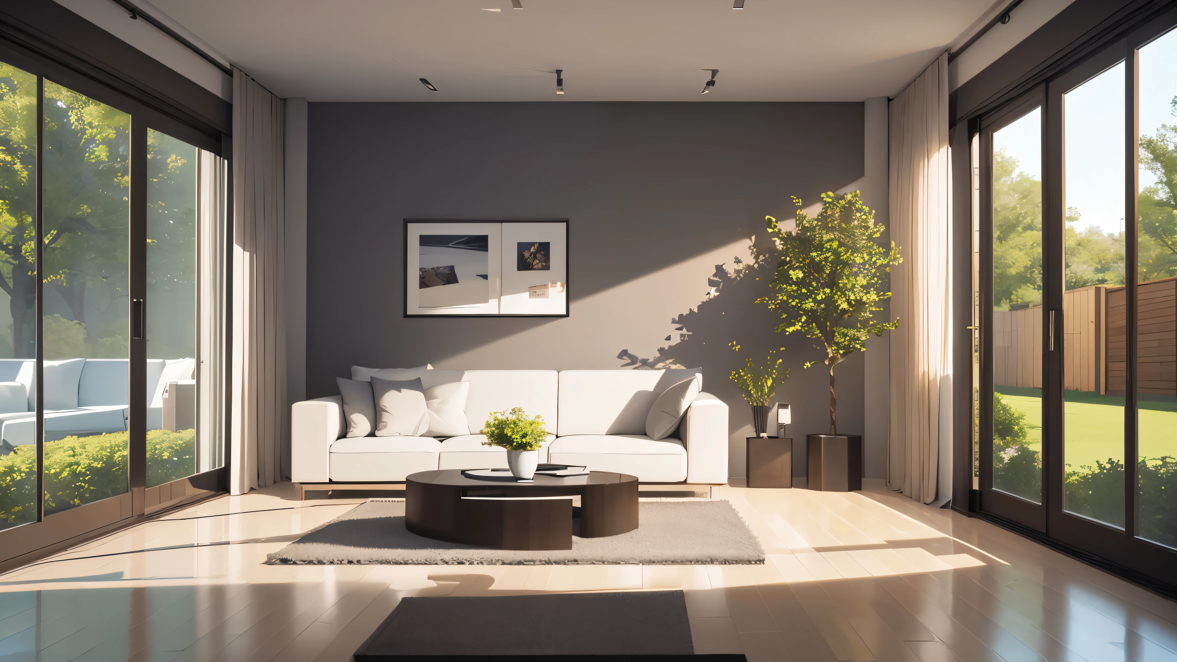 You are a famous interior designer、You have been asked to create a 3D image of a modern large room. Create a harmonious environment with modern and minimalist furniture. Including garden interior.