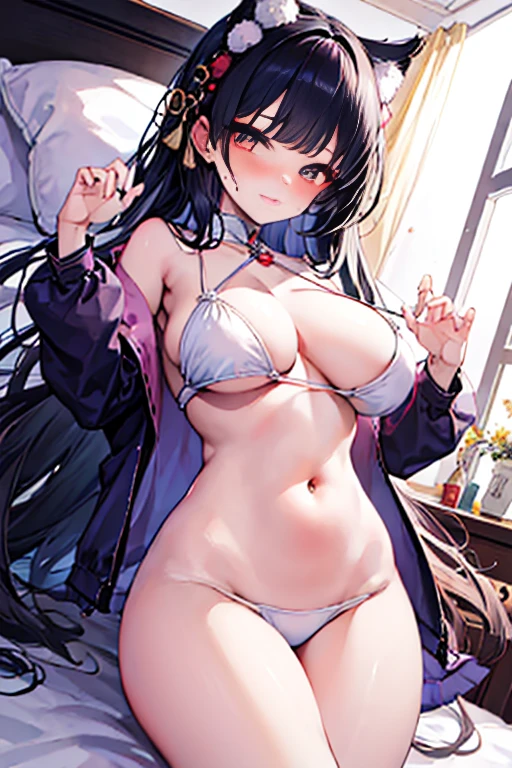 Girl lying on bed with legs spread,Wearing very little and very shy,Eyes are confused,Strike a captivating pose,Beautiful and delicious,Seems helpless and unsatisfied,milk flowing between thighs,Clothes outline a graceful figure,Hair stuck to cheeks with sweat,Lift the girl's clothes from below