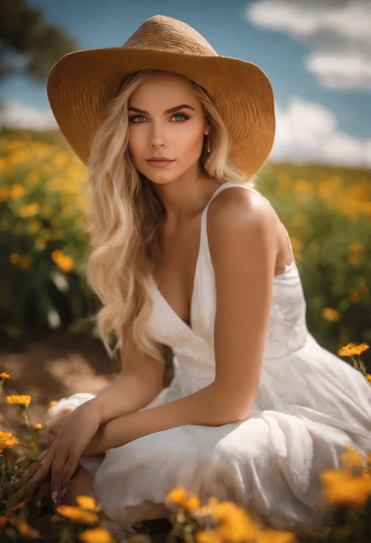 a cute woman, 20 years old, crouching, white dress, pov, looking at viewer, strawhat, flower on hat, blonde hair, brown eyes, sunny, clouds, sexy, cleavage, expressionless, intense light blonde hair