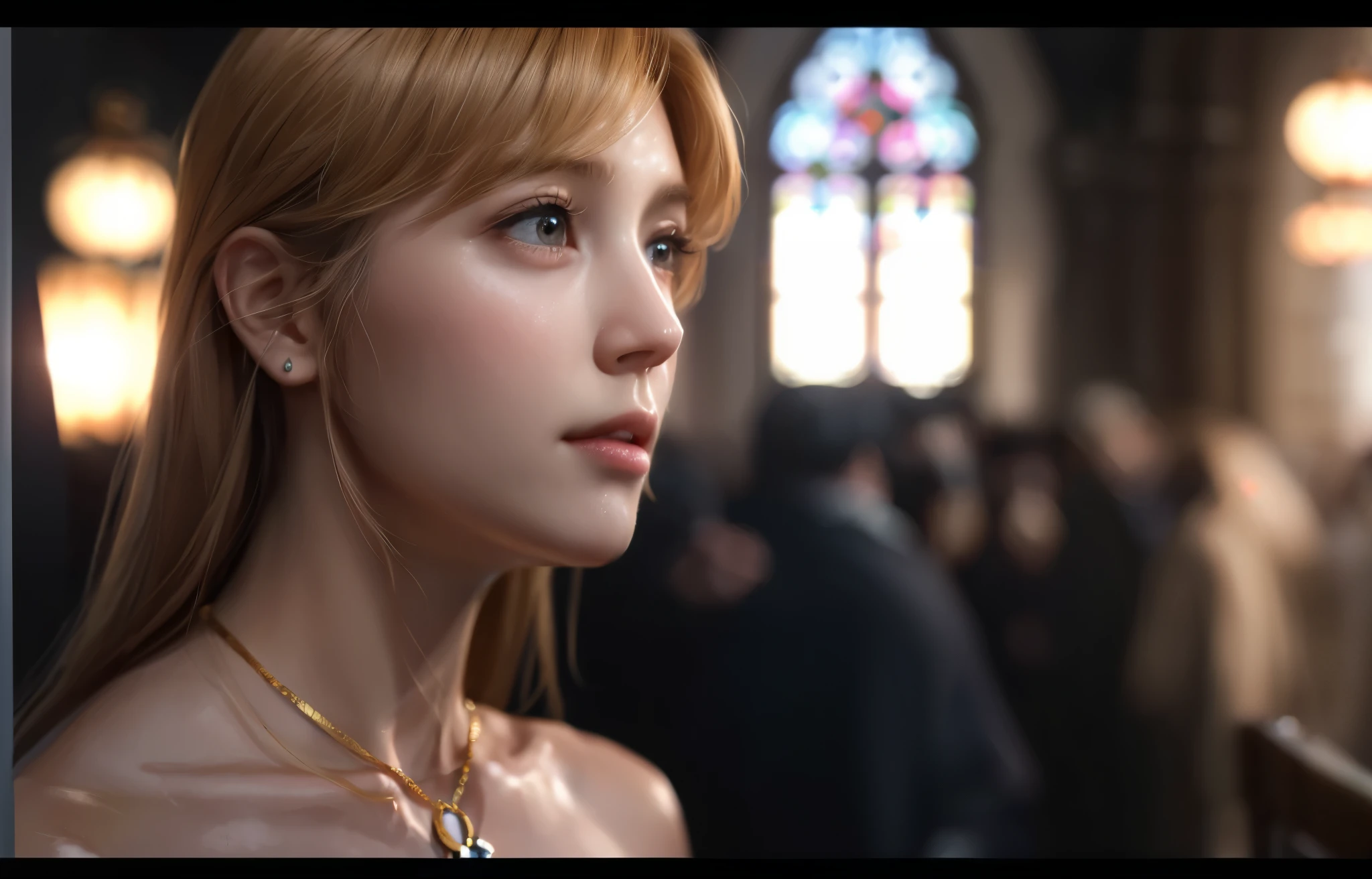 (table top), sexy、Natural light, realistic diffused glow, Depth of written boundary, professional lighting、Spotlight on people、Big eyes、eyes are blue、blonde、Russian、in the snow、The background is inside the church、serious face、