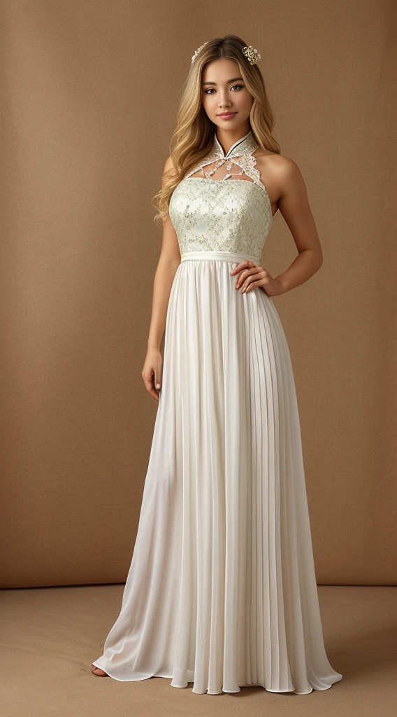 Masterpiece, 1 Girl, Beautiful Face ((((A Chinese-inspired dress featuring lace elements at the neckline and cuffs, a traditional moire pattern, details including pleats, embroidery and beads. The fabric is silk and crepe))),(((long dress))), ((with bows or flowers at the waist or neckline)),(Full Body:1.5),(cute face:1.3),(huge breasts:1.3),(long blonde hair:1.3)