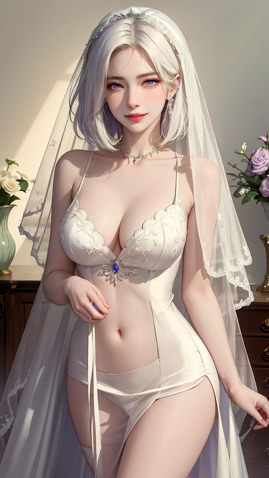 ((((masterpiece, best quality, high resolution)))), (1girl:1.5), ((short silky hair, white hair, purple eyes, sharp eyes)), (average :1.2), (blushing), (cheeky smile, parted lips), glow, thighs, bare shoulders, collarbone, narrow waist, (slender body figure), (beautiful detailed face, beautiful detailed eyes), ((bridal satin gown, bridal hair veil)), (holding bouquet), (standing up), looking at viewer, bedroom, (cowboy shot)
