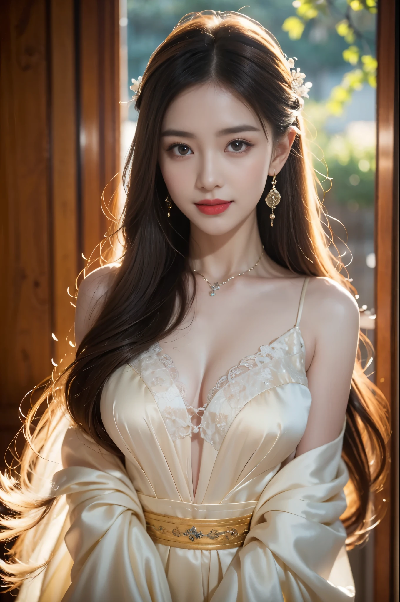 8k, masterpiece, RAW photo, best quality, photorealistic, extremely detailed CG unity 8k wallpaper, Depth of field, Cinematic Light, Lens Flare, Ray tracing, (extremely beautiful face, beautiful lips, beautiful eyes), intricate detail face, ((ultra detailed skin)) , pretty asian girl, ((looking at viewer)),(big smile), (blurry background), midnight, (pretty girl), earrings, bracelets, necklace, clear eyes, (pale skin), face forward, (big eyes), (looking at viewer), large breasts ,((smile) Works of masters，Higher quality，超高分辨率，8K分辨率，depth of fields，in a panoramic view，first person perspective，Vivid colors，s the perfect face，Girl，solo person，ssmile，Red lips，Big eyes，long whitr hair，A brown-haired，Wave head，Bracelet，Collar，bangle，Gorgeous Hanfu，frilld，lacing，Bare shoulders，fur shawl，Facing the viewer，eventide，Temple，Natural soft light