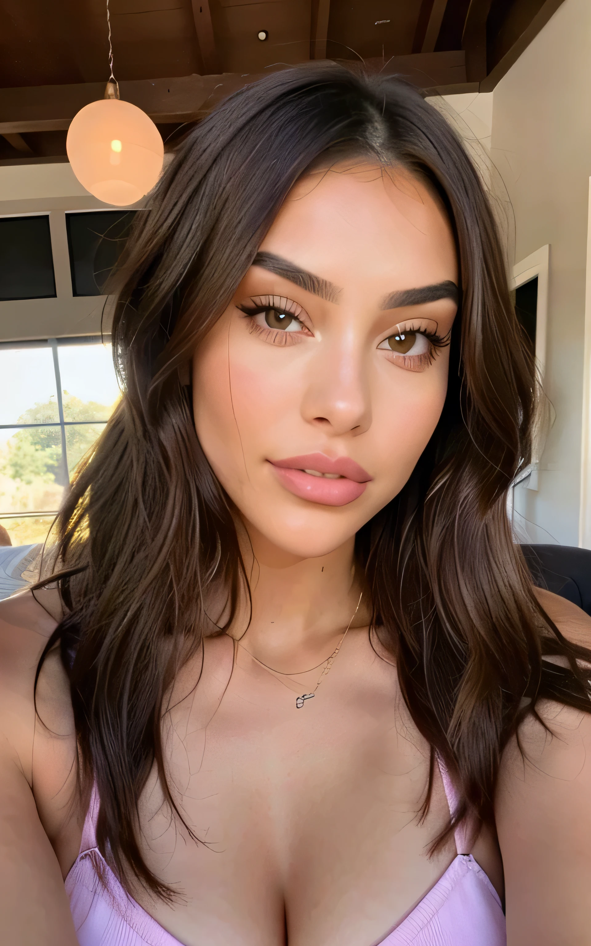 Close-up of a long-haired woman posing for a photo, looking over her shoulder, Madison Beer, Madison Beer Girl Portrait, jaw dropping beauty, peau olive impeccable, jaw dropping beauty, Cool look, Beau visage latin, Olivia Culpo, photo of a beautiful woman, Julia Sarda, Regard sensuel, Photo de profil, in a pink bikini with a perfect jaw dropping body, looking face on, perfect woman hands with 4 fingers and 1 thumb. 