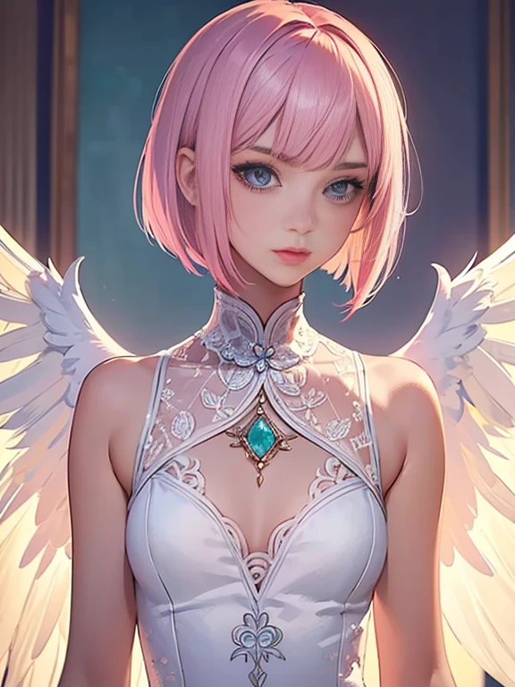 1girl, solo, short hair, Bob hairstyle, big breasts, angel wings, choker, toga, silk translucent robes, magic, divine, atmosphere is divine, pink hair, (pink eyes:1.1), halo above head BREAK (masterpiece:1.2), best quality, high resolution, unity 8k wallpaper, (illustration:0.8), (beautiful detailed eyes:1.6), extremely detailed face, perfect lighting, extremely detailed CG, (perfect hands, perfect anatomy)