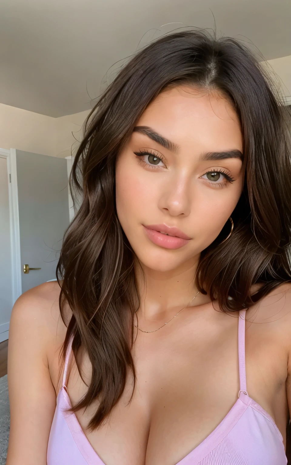 Close-up of a long-haired woman posing for a photo, looking over her shoulder, Madison Beer, Madison Beer Girl Portrait, jaw dropping beauty, peau olive impeccable, jaw dropping beauty, Cool look, Beau visage latin, Olivia Culpo, photo of a beautiful woman, Julia Sarda, Regard sensuel, Photo de profil, in a pink bikini with a perfect jaw dropping body, looking face on, perfect woman hands with 4 fingers and 1 thumb.