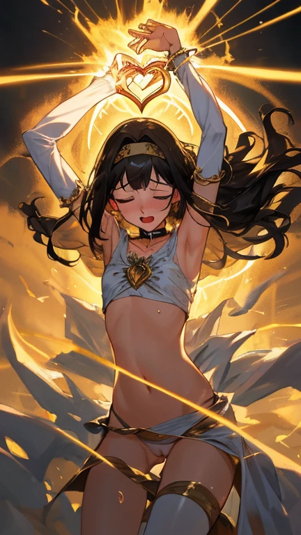 {{amazing quality, great quality, high quality, very aesthetic, aesthetic, best quality}}}},
realistic, photo, shadow, Three-dimensional, absurdres, Digital art,
{{{{Magical girl}}}}, beautiful girl, one girl,
black hair, long straight hair, hair, trimmed hair, shiny hair, blunt bangs, short sideburns,
brown eyes, tareme,
{{flat chest}}, {{small breasts}}, {{detailed body}}, slim thighs, thin thighs, {{{{{Princess Knight}}}}}, {{{{white full body tights}}}}}, {{{golden breastplatered}}}, {{{Visible chest}}}, {{gold chest armor}}, {{gold arm armor}}, {{gold leg armor}}, {{{{covered navel}}}}, {{{both shoulders expose}}}, heart-shaped choker on left arm, upper body, heart brooch, white headband, white circlet, distress, resistance, defeat, inferiority, sexual pleasure, troubled face, shy, orgasm, trembling, disheveled hair, torn clothes, wet clothes, melted clothes, damaged clothes, take off one's clothes, transparent clothes, half-naked, groin, vagina, {{{{{紳士ハンド}}}}}, monster's hand floating in the air, Massaged by multiple monster's hand, Mangled by multiple monster's hand, multiple perverts, clothed sex, Intercrural legs, rape, bind, restrain the arms, restraining legs, attacking multiple monster, My chest is caressed by multiple monster, My crotch is caressed by multiple monster, My body is licked by multiple monster, My armpits are licked by multiple monster, My nipples are licked by multiple monster, My crotch is licked by multiple monster,