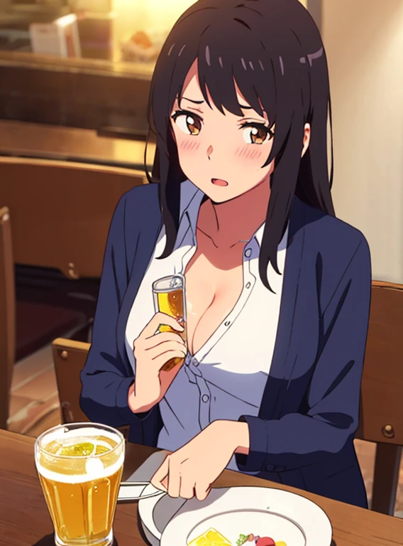 shinkai makoto, kimi no na wa., 1girl, bangs, black hair, brown eyes, open mouth :), blush, twisted half up, red ribbon, long hair, long sleeve light yellow cardigan, open shirt, white shirt, cleavage, breast, medium breast, blue pants, drinking party,nomikai, people in background, table, food drinks, beer, indoors, masterpiece, perfect anatomy, cowboyshot, 1boy POV viewer, holding girl's hand