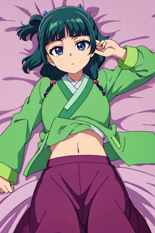The situation is lying about sex.. lying down having sex in the vagina. Vagina and female genitals.Highest quality, 8ก, very detailed, 1 girl, All in all, Chinese style kimono, green jacket, purple long skirt, blue eyes, a green hair,chest, tits, chestเล็ก