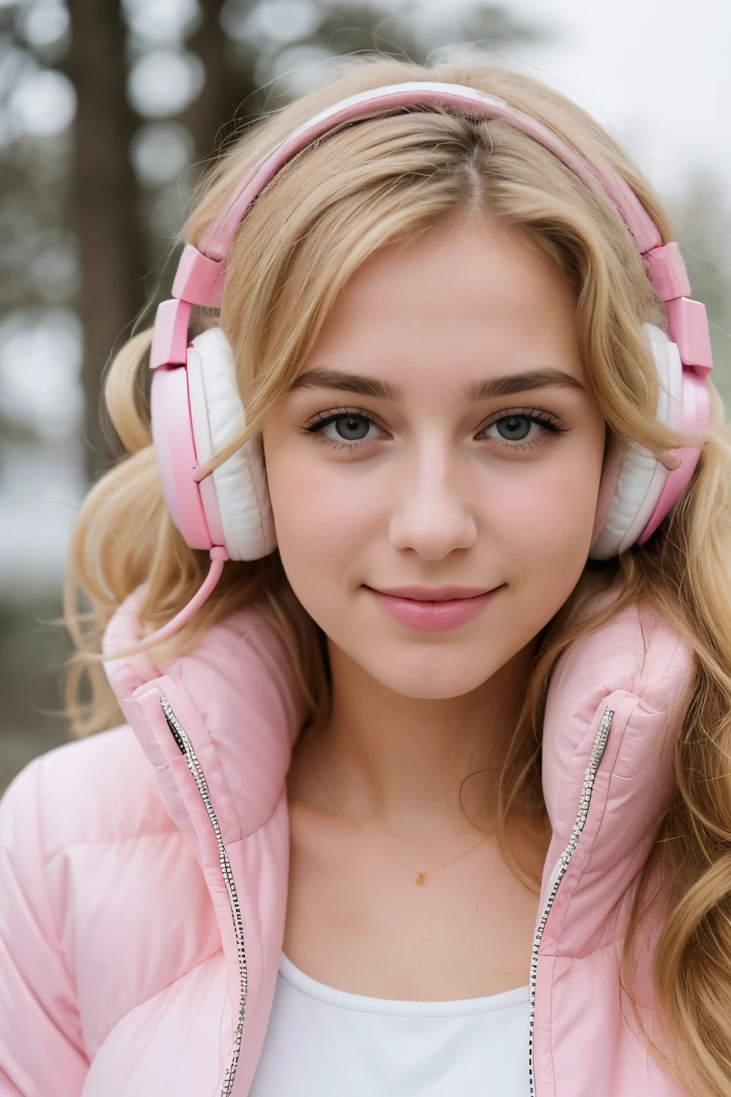 photograph of a 18 year old german girl, blonde, very attractive, long lashes, , cute, long hair, curly hair, beautiful face, face, youthful face, cute face, nice joyful smile, excited gaze, flushed cheeks, nices contoured youthful cheeks, beautiful nose, perfect nose, small nose, green eyes, perfect round eyes, realistic fine detailed eyes, hyper beautiful eyes, absolute stunning eyes, , body, medium breasts, (((wearing a open pink down winter jacket with white fleece))), (((wearing pink headphones))), waering a white tank top, pastel blue denim jeans, nice styled clothes, in winter, snowfall, Porta 160 color, shot on ARRI ALEXA 65, bokeh, sharp focus on subject, shot by Don McCullin,