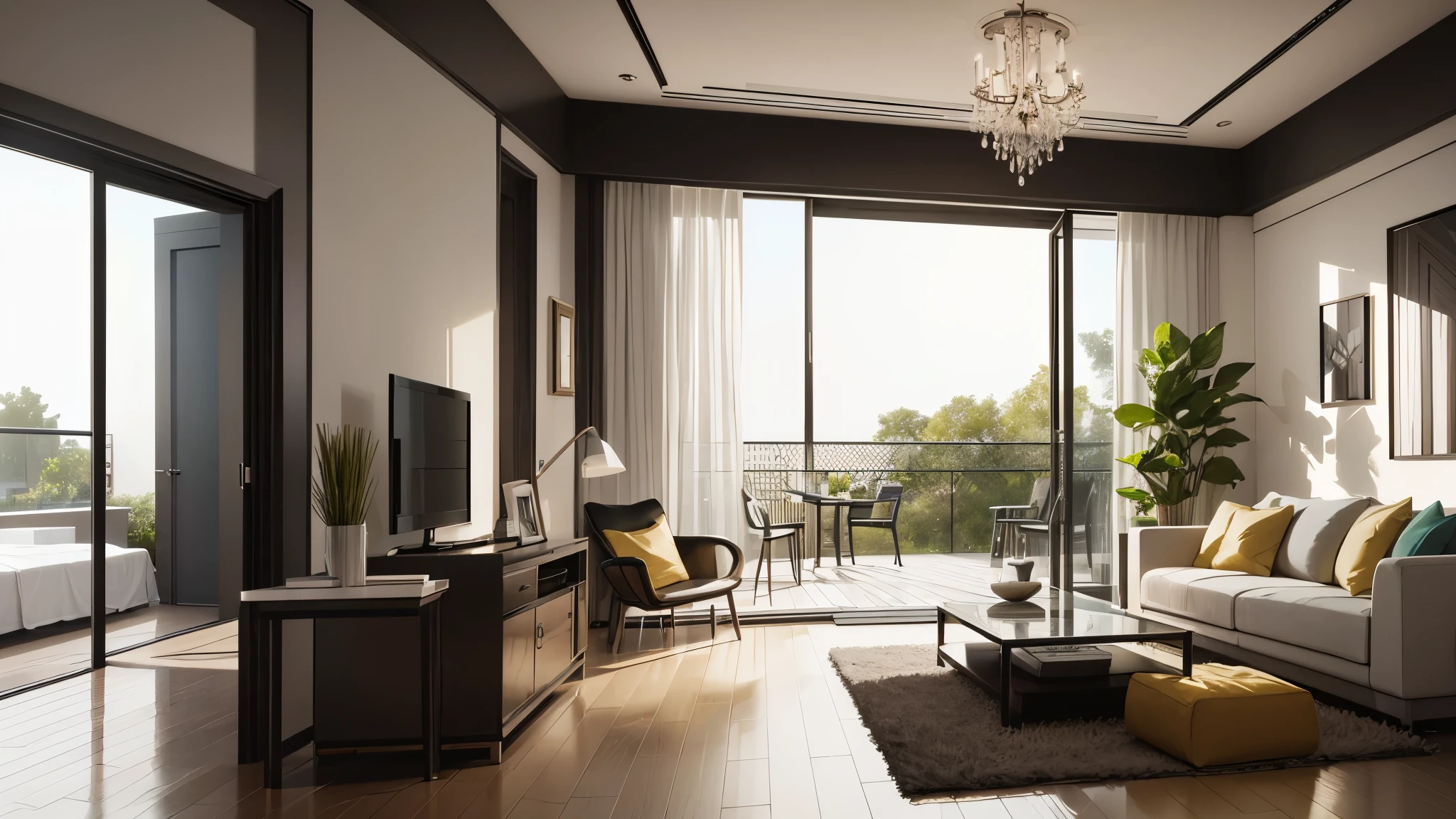 You are a famous interior designer、You have been asked to create a 3D image of a modern large room. Create a harmonious environment with modern and minimalist furniture. Including garden interior.