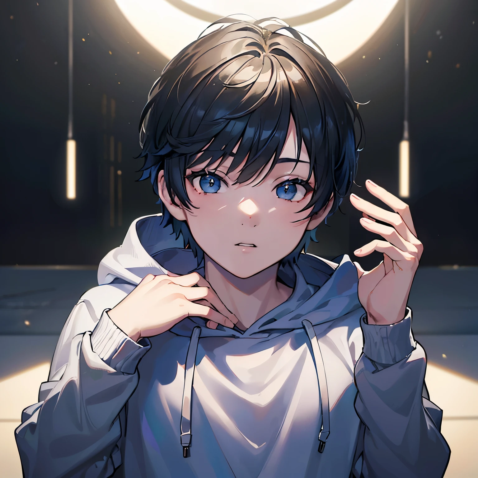 A boy with a wolf-cut hairstyle wearing a hoodie, (best quality, high-res, ultra-detailed) artwork, (realistic, photo-realistic:1.37) style, vibrant colors, (studio lighting) illuminating the scene. Fat, chubby
