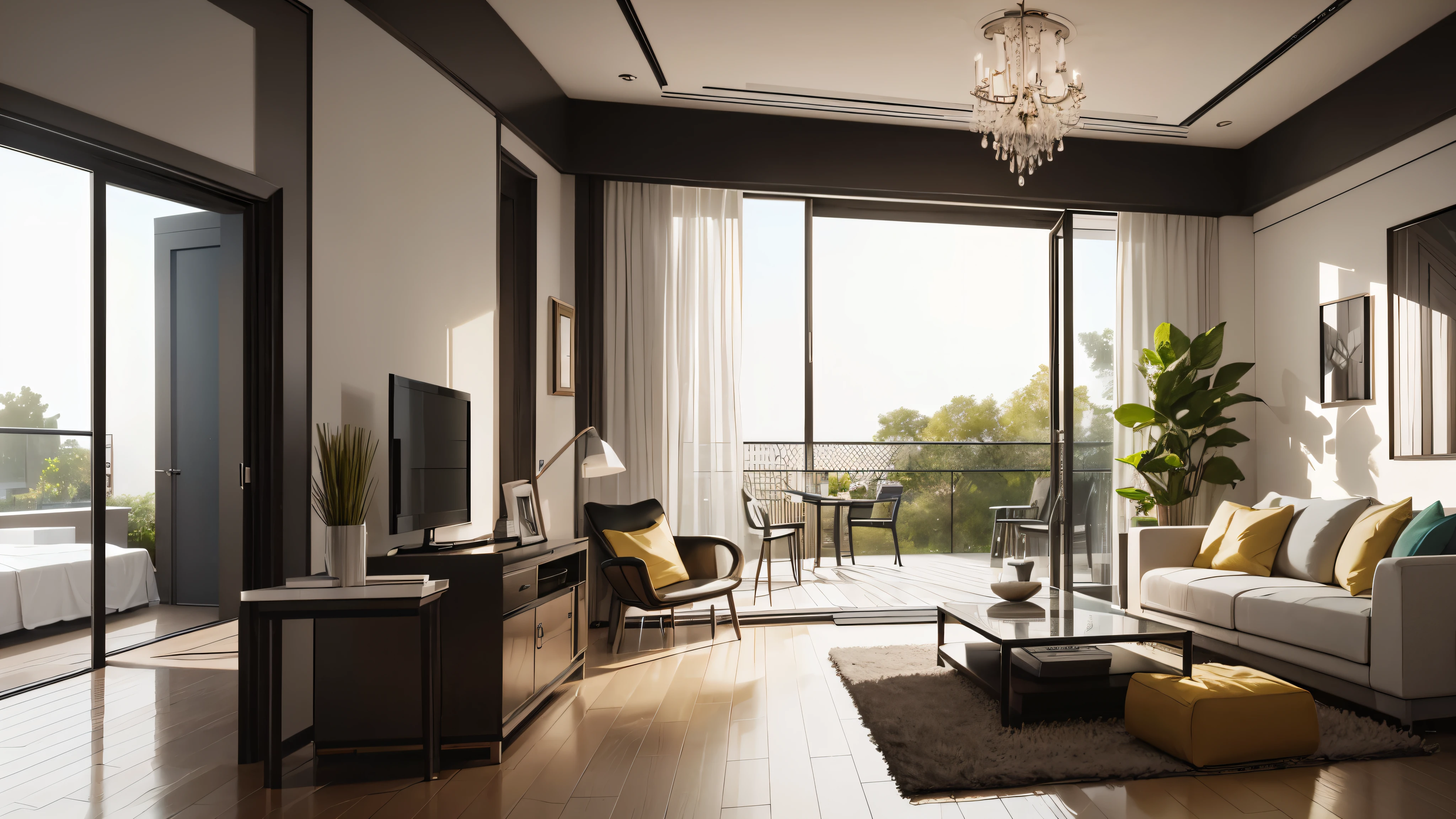 You are a famous interior designer、You have been asked to create a 3D image of a modern large room. Create a harmonious environment with modern and minimalist furniture. Including garden interior.