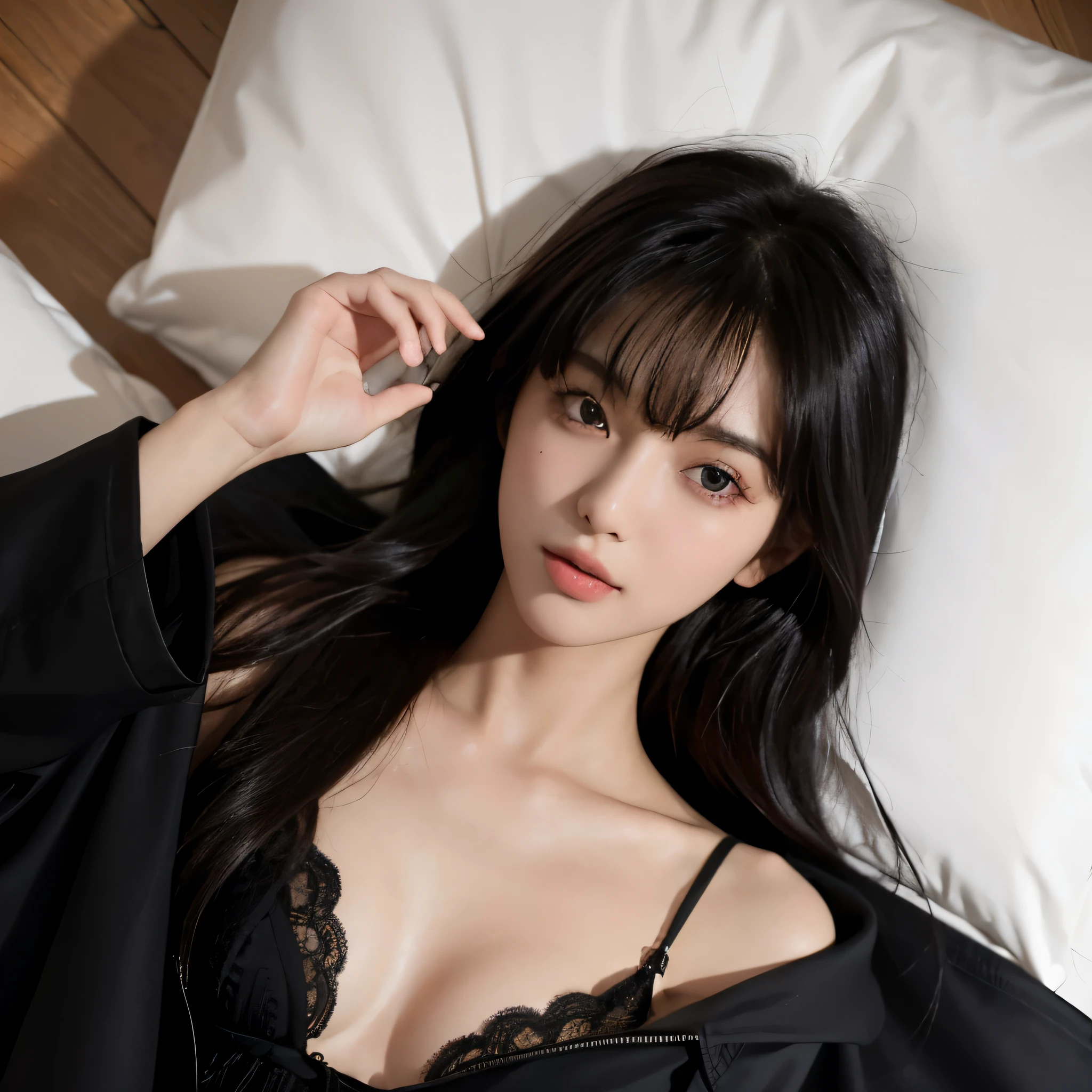 20 year old girl, Slim, long black hair, bangs on her head, Brown eyes, black street cape, hood, Cloak, perfect breasts, Chest down,lying on his back on a modern bed, Lying flat, Perspective from above, view from above, portrait