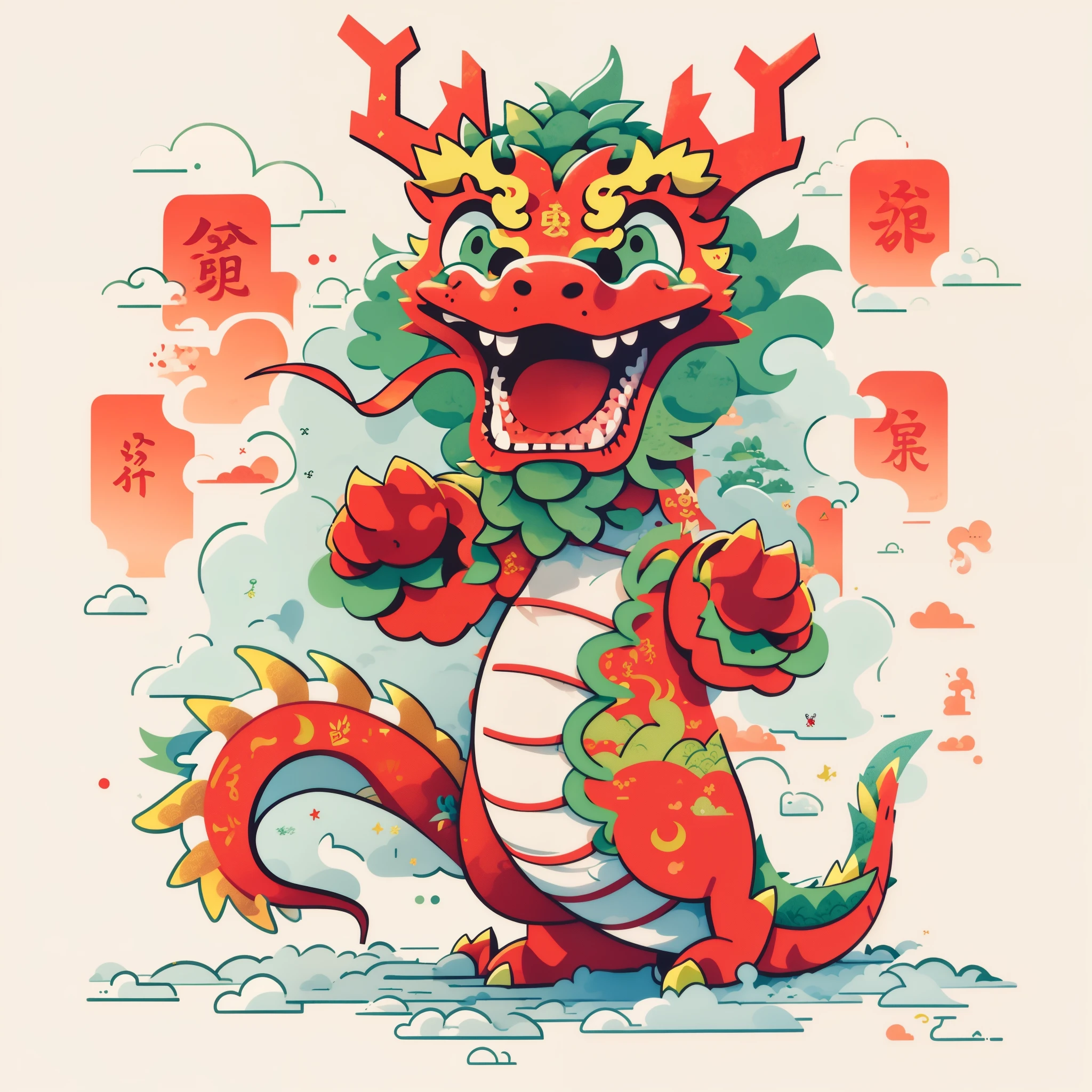 Illustration of a red-nosed green-tailed dragon, smooth chinese dragon,Chinese dragon concept art, cyan chinese dragon fantasy, anthropomorphic dragon, a dragon made of clouds、in graffiti style,Chinese New Year atmosphere,Head close-up,flourishing、festive atmosphere