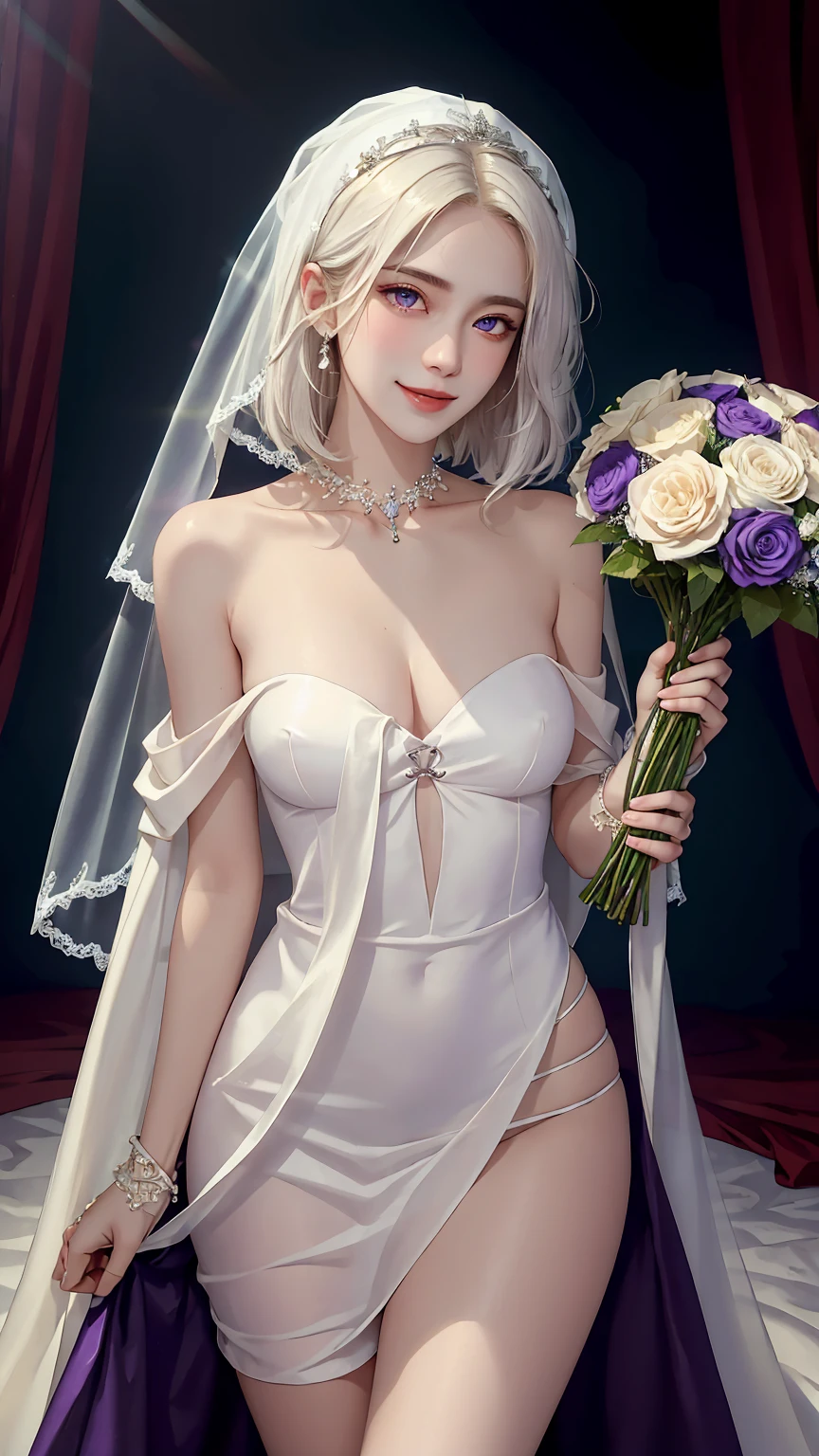 ((((masterpiece, best quality, high resolution)))), (1girl:1.5), ((short silky hair, white hair, purple eyes, sharp eyes)), (average breasts:1.2), (blushing), (cheeky smile, parted lips), glow, thighs, bare shoulders, collarbone, narrow waist, (slender body figure), (beautiful detailed face, beautiful detailed eyes), ((bridal satin gown, bridal hair veil)), (holding bouquet), (standing up), looking at viewer, bedroom, (cowboy shot)