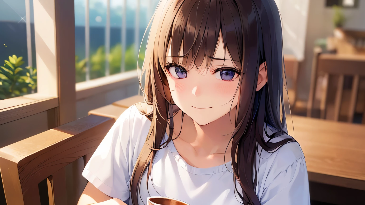 looking down, Realistic, real person, RAW photo, photorealistic, portrait photography, shiny skin, japanese idol、A 25-year-old woman with medium-long hair with bright chestnut bangs.、holding a beer mug、(wearing a white shirt:1.5)、sitting、(sad smile:1.5), Alone、The background is a yakiniku restaurant