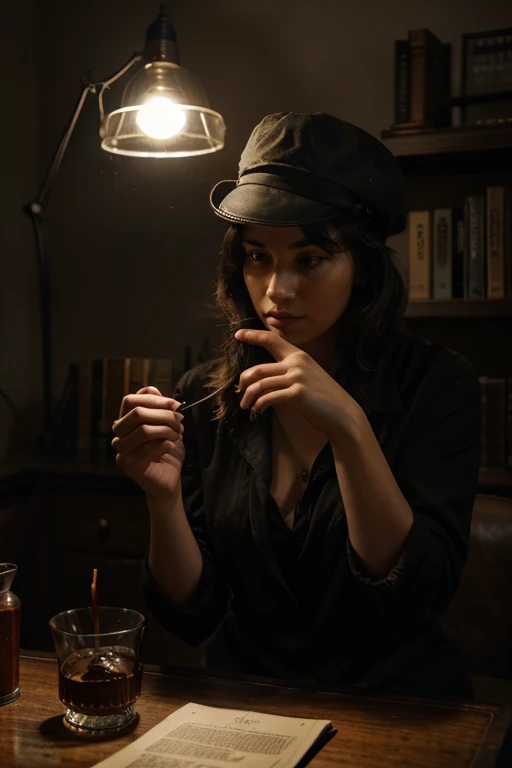 A thinking, drink-drinking detective analyzing a mysterious case in a dimly lit room. (best quality, 4k, highres:1.2), ultra-detailed, realistic:1.37, intense shadows, deep focus, vintage aesthetic, film noir style, black and white, moody atmosphere, dramatic lighting, smoke-filled, professional detective, classic fedora hat, magnifying glass, vintage typewriter, old-fashioned desk, leather-bound bookshelf, glass of whiskey, cigarette, dimly lit lamp, intense concentration.