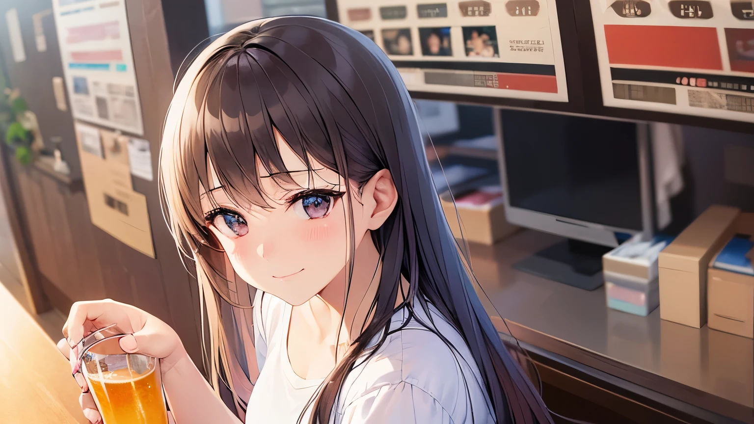 looking down, Realistic, real person, RAW photo, photorealistic, portrait photography, shiny skin, japanese idol、A 25-year-old woman with medium-long hair with bright chestnut bangs.、holding a beer mug、(wearing a white shirt:1.5)、sitting、(sad smile:1.5), Alone、The background is a yakiniku restaurant