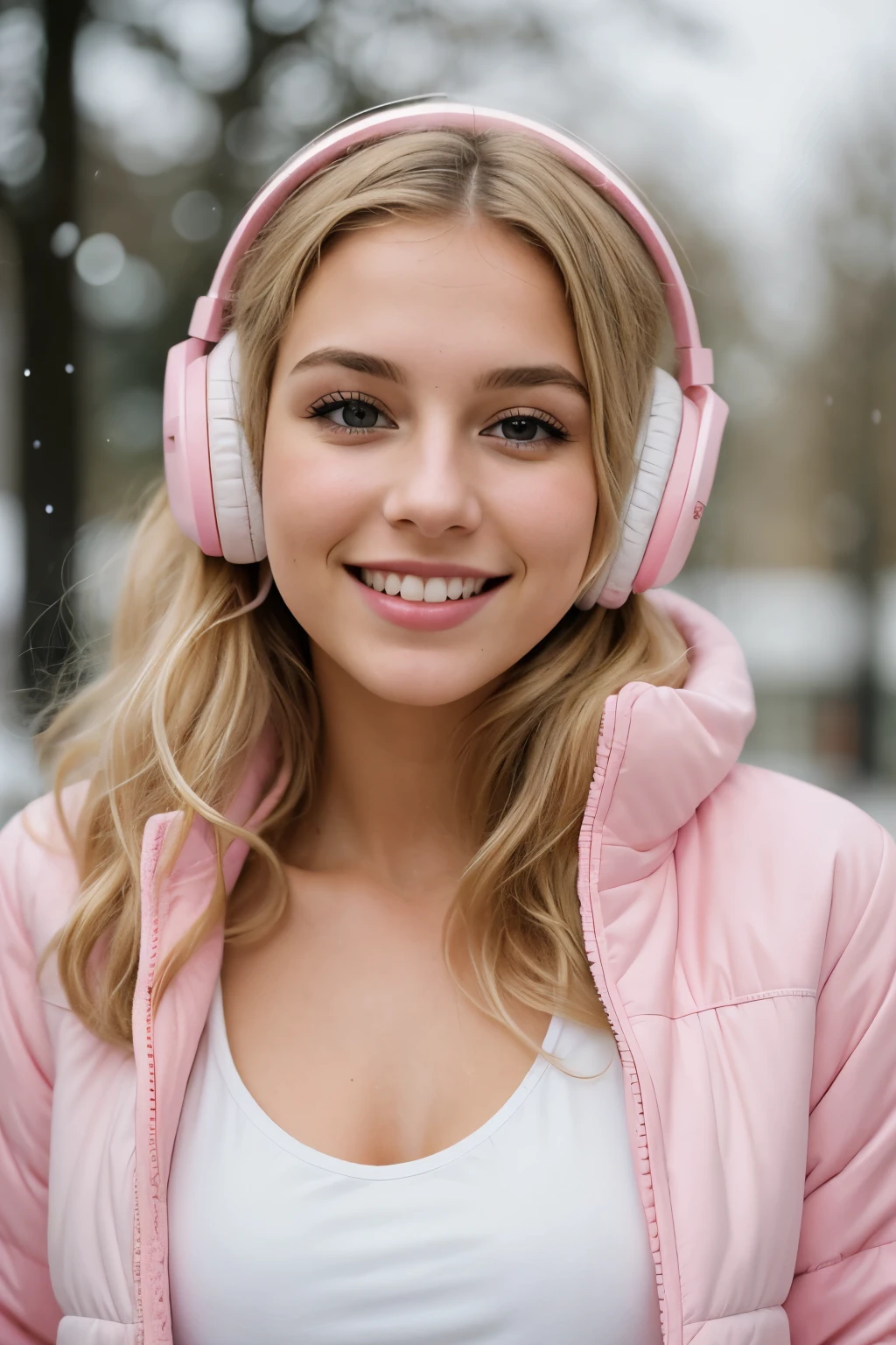 photograph of a 18 year old german girl, blonde, very attractive, long lashes, , cute, long hair, curly hair, beautiful face, face, youthful face, cute face, nice joyful smile, excited gaze, flushed cheeks, nices contoured youthful cheeks, beautiful nose, perfect nose, small nose, green eyes, perfect round eyes, realistic fine detailed eyes, hyper beautiful eyes, absolute stunning eyes, , body, medium breasts, (((wearing a open pink down winter jacket with white fleece))), (((wearing pink headphones))), waering a white tank top, pastel blue denim jeans, nice styled clothes, in winter, snowfall, Porta 160 color, shot on ARRI ALEXA 65, bokeh, sharp focus on subject, shot by Don McCullin, intense light blonde hair intense light blonde hair