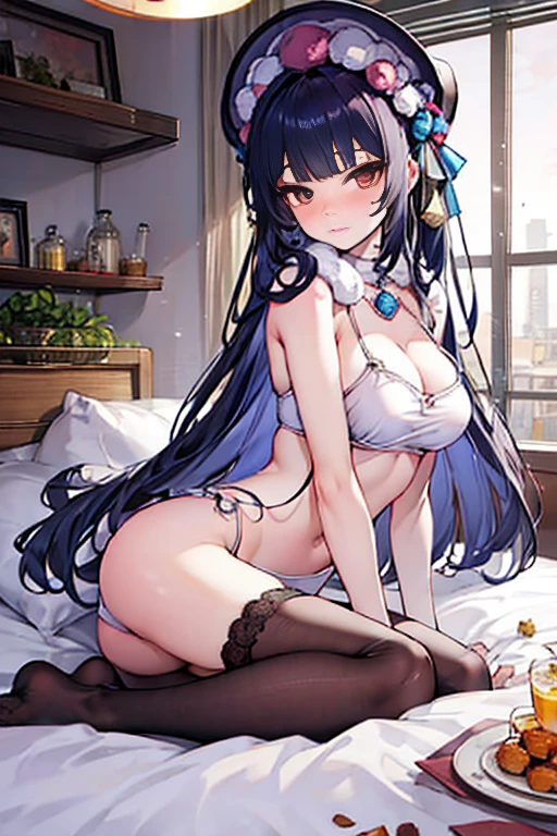 Girl lying on bed with legs spread，Wearing very little and very shy，Eyes are confused，Strike a captivating pose，Beautiful and delicious，Seems helpless and unsatisfied，milk flowing between thighs，Clothes outline a graceful figure，Hair stuck to cheeks with sweat，Lift the girl's clothes from below