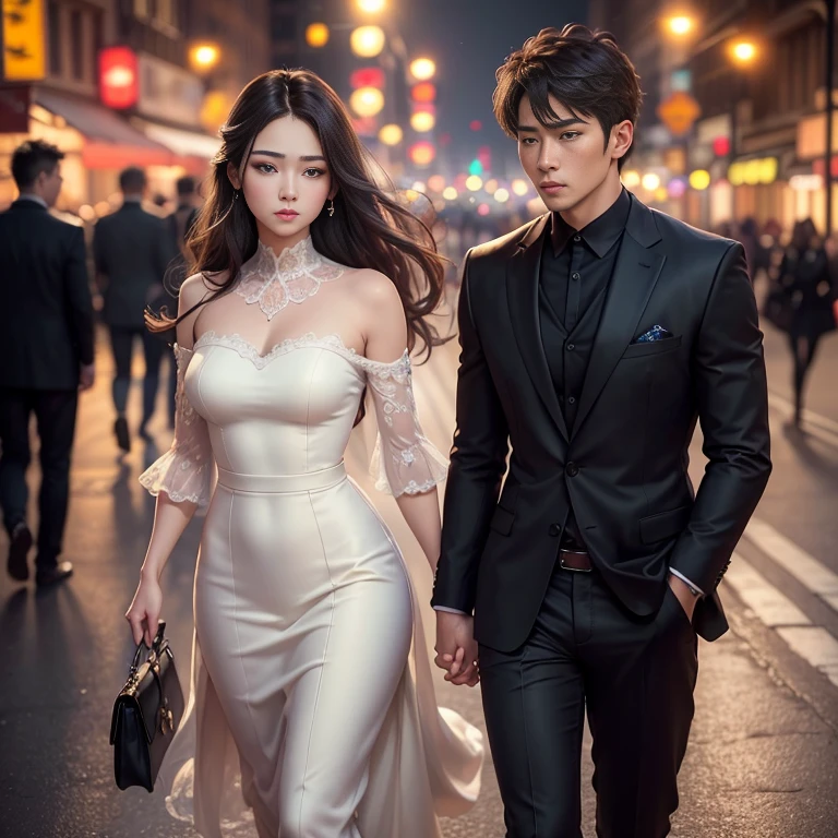 ((Top Quality, 16k, Masterpiece, photorealism, photography, Realistic)) encontry couple, woman and man, like a kdrama scene, real body, full body, Highly detailed face and texture, beautiful eyes, Detail hair, good proportions, anatomically correct, high details, full clothes, at night, city lights, romantic