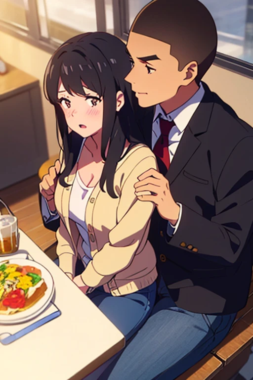 shinkai makoto, kimi no na wa., 1boy, buzzcut, office attire, boy's arms placed over girl's shoulder, drunk, boy sit beside girl, 1girl, bangs, black hair, brown eyes, open mouth, blush, twisted half up, red ribbon, long hair, long sleeve light yellow cardigan, open shirt, white shirt, cleavage, breast, medium breast, blue pants, drinking party,nomikai, table, food drinks, beer, indoors, masterpiece, perfect anatomy, cowboyshot,