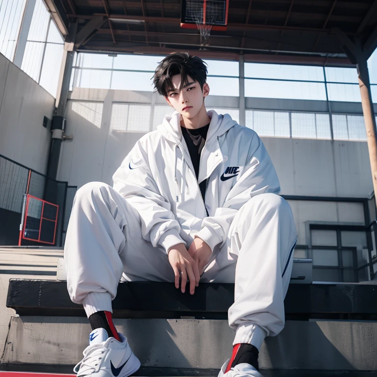 1 Korean young men,male,20 years old,High,Height is 180 cm,Hair is medium length,White coat,black sweatpants,Nike shoes,White sport socks,Sit on the basketball court,legs open,Badass anime 4k ,POV perspective,Proud,Cold,looking into camera
