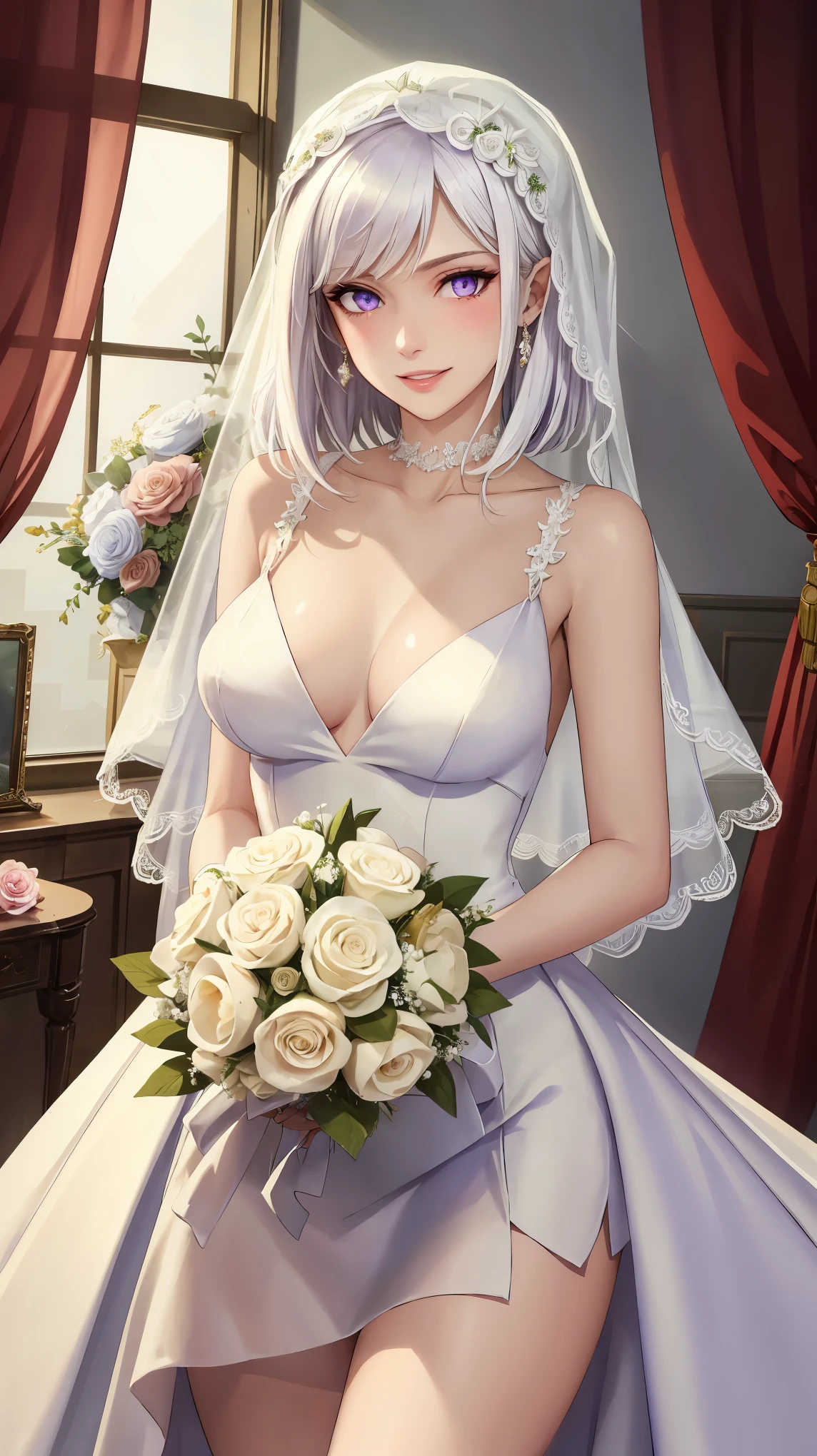 ((((masterpiece, best quality, high resolution)))), (1girl:1.5), ((short silky hair, white hair, purple eyes, sharp eyes)), (average breasts:1.2), (blushing), (cheeky smile, parted lips), glow, thighs, bare shoulders, collarbone, narrow waist, (slender body figure), (beautiful detailed face, beautiful detailed eyes), ((bridal satin gown, bridal hair veil)), (holding bouquet), (standing up), looking at viewer, bedroom, (cowboy shot)