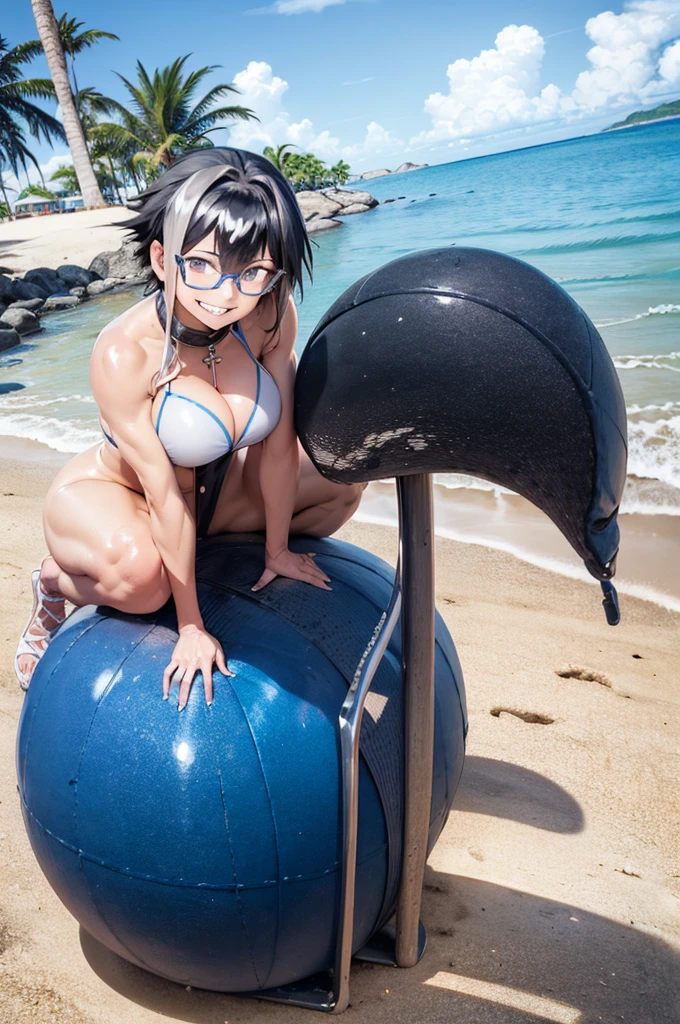 (masterpiece, highest quality:1.2),marle barrock, summer, bikini, 1 girl, alone, huge breasts, looking at the viewer, smile, short hair, bangs, cleavage, bare shoulders, swimsuit, white jacket, denim shorts, open clothes, hair band, , grin and laugh, black bikini, sunglasses, glasses on head, body markings, White nails, beach, Palm tree