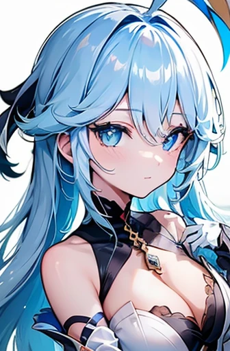 (highest quality, 8K, masterpiece, best image quality, high resolution, super detail, Ultra HD, (Delicate and smooth skin, skin that looks real, perfect and beautiful face ,perfect and cute face, high detail skin, perfect limbs)), 1 girl , Ahoge , black choker , black dress , Blue Eyes 1.4M, blue gemstone , blue nails , blush , medium breasts, cleavage , closed mouth , blue color inner hair , eyes visible through hair , heart-shaped eyes , Lean forward to the viewer , long white hair , long sleeve , Mismatched pupils , colorful hair , sleeves go over wrists , smile , alone, Furina (genshin impact)